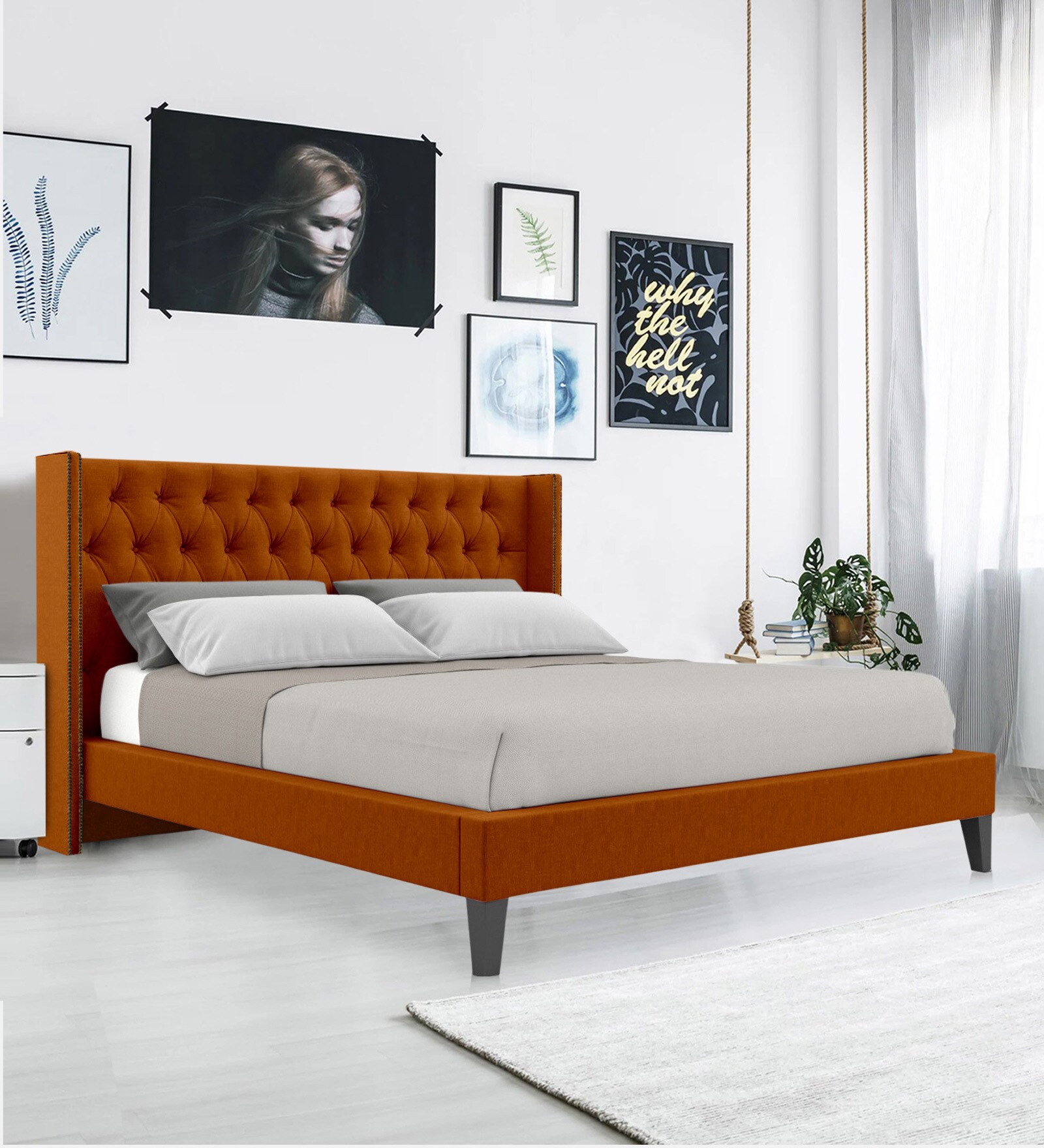 Noa Upholstered Queen Size Bed in Orange Colour
