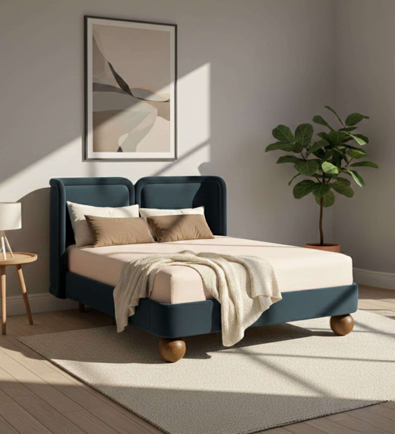 Nobella Opal King Size Bed in Grey Blue Velvet with Spherical Legs, Oak Wood Frame & Hydraulic Storage