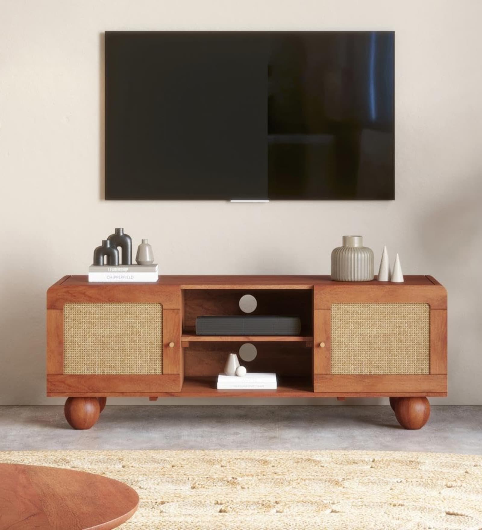 Noble Mango Wood With Cane Door  Open Shelf TV Console In Provincial Teak Finish