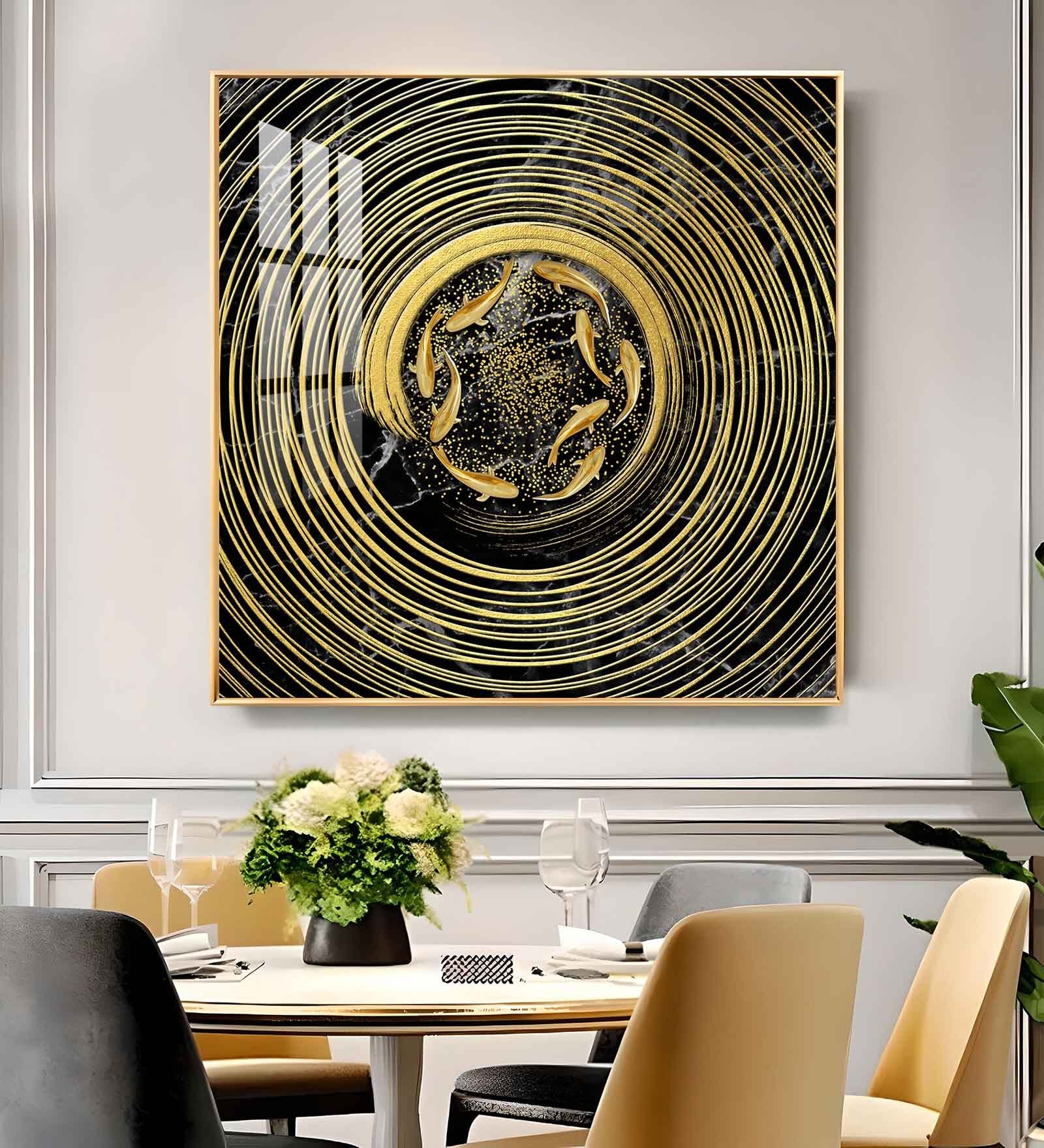 Noir & Gold Fish Glass Finish Square Wall Art