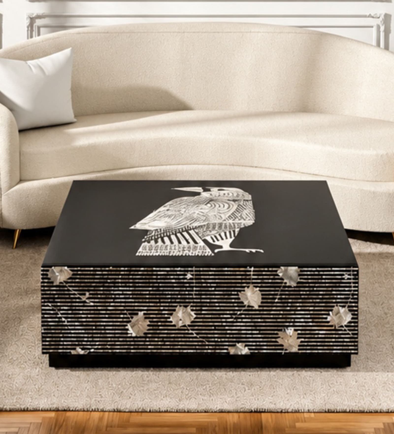 Noir Aviary With Black Floral Center Table In Bone Inlay Finish Noir Aviary With Black Floral Center Table In Bone Inlay Finish