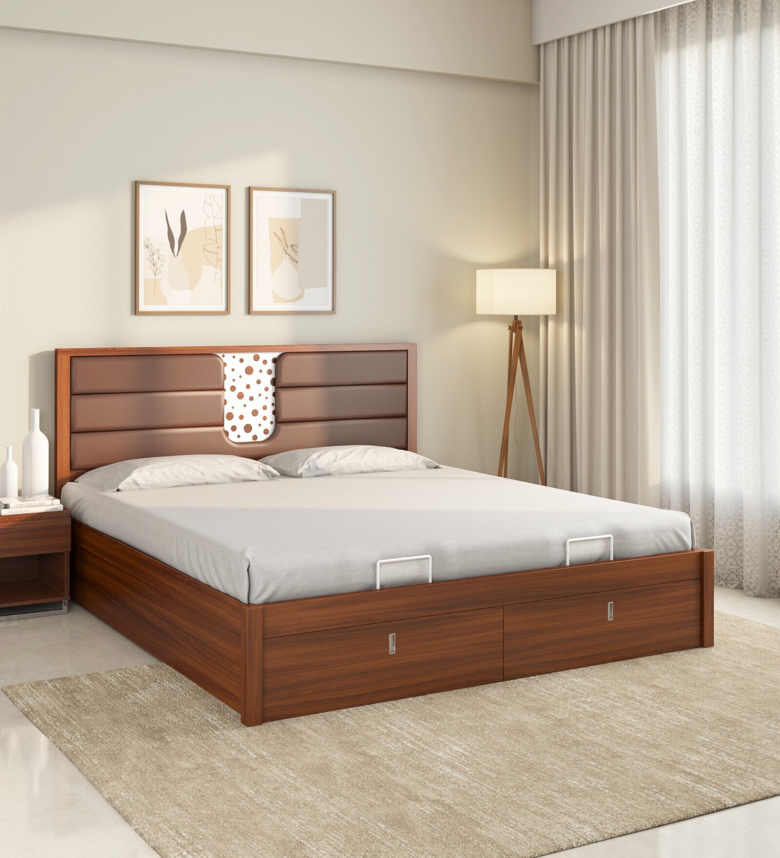 Noir Premier Queen Size Bed in Walnut Finish with Hydraulic Storage