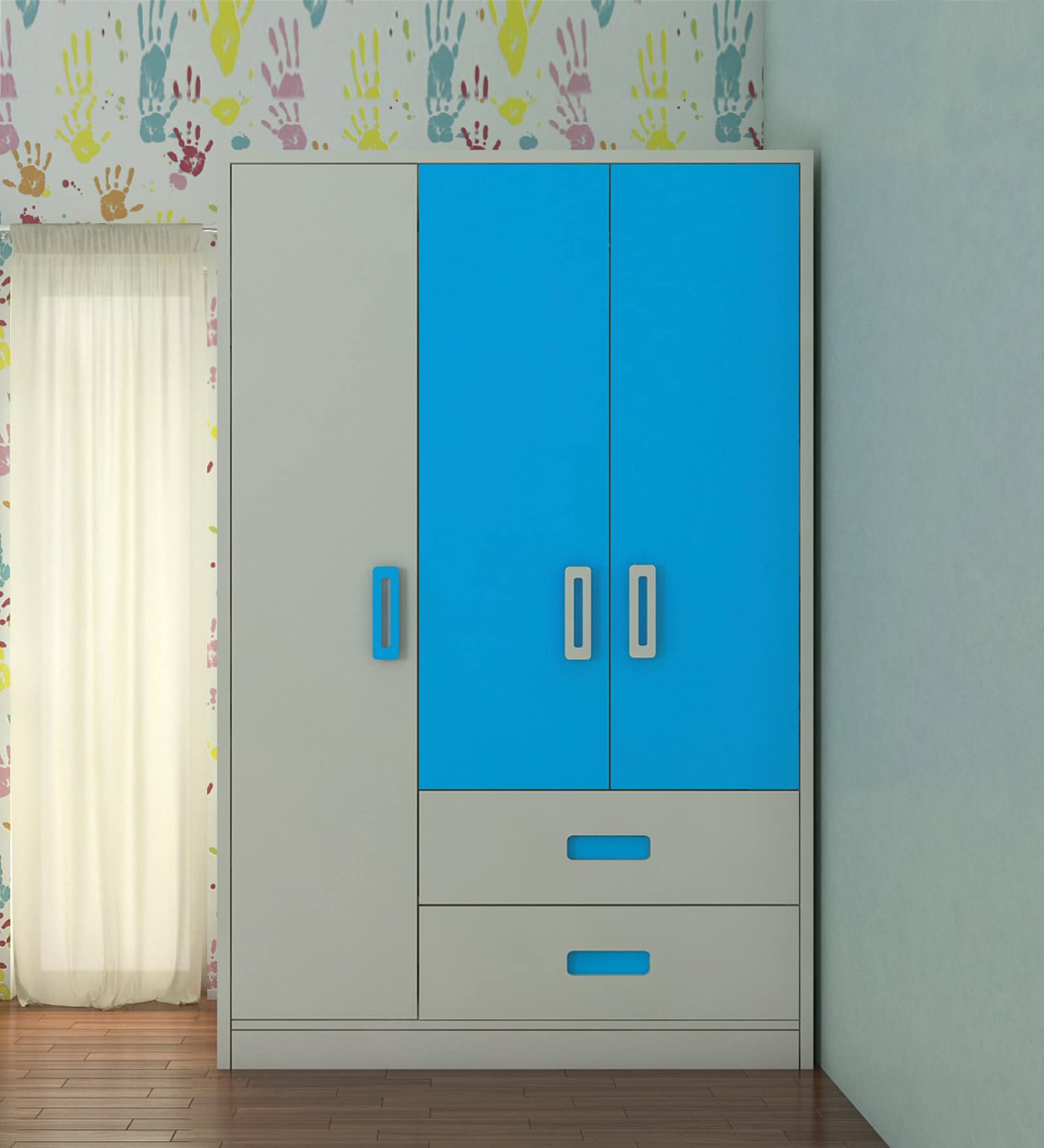 Nora Kid's 3 Door Wardrobe In Azure Blue Finish