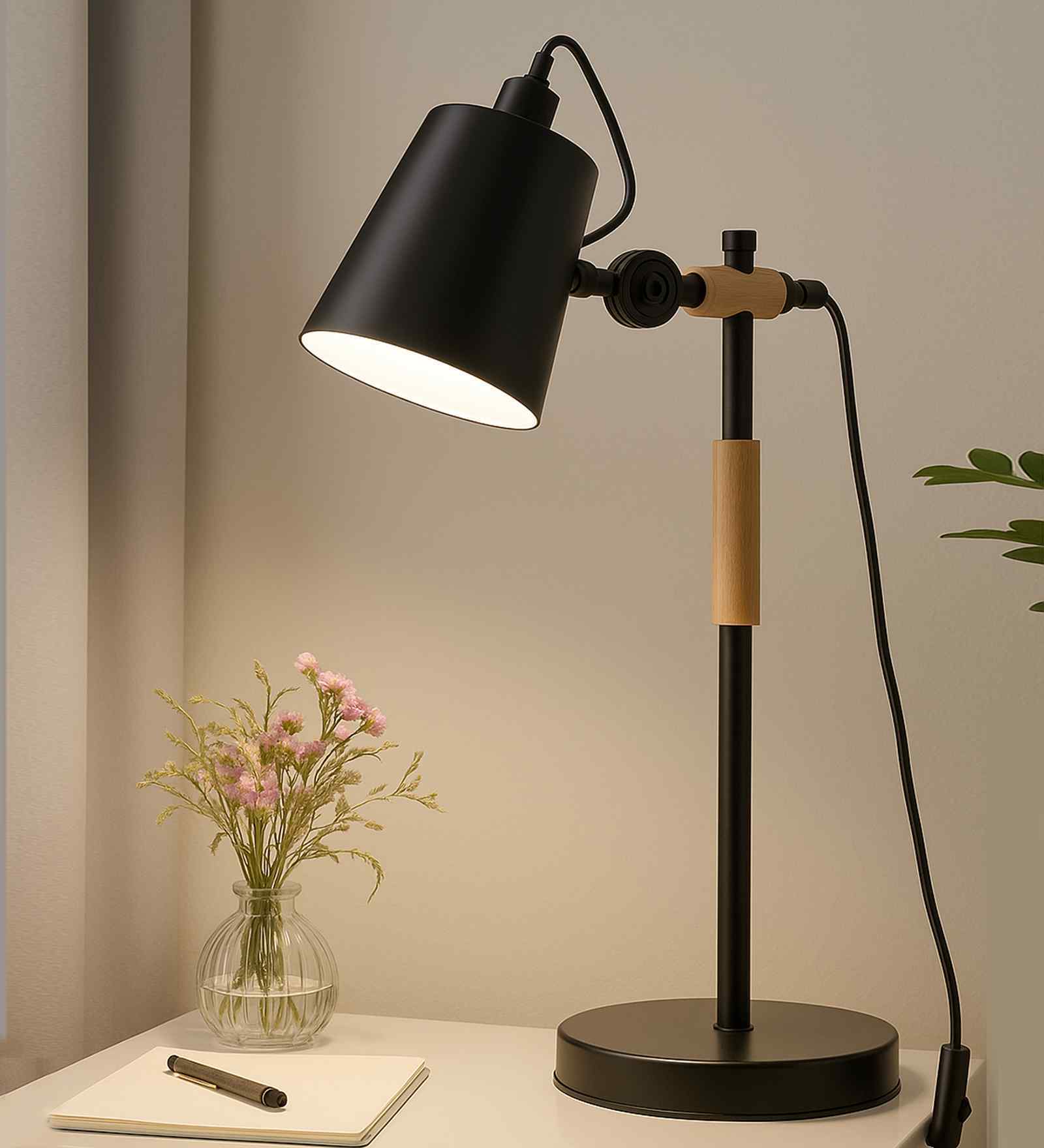 Nordic Adjustable Black Colour Metal Reading Lamp with Solid Natural Wood Base