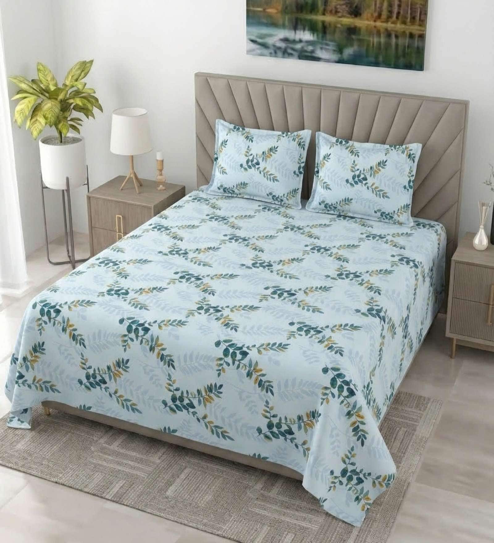 Nordic Blue Metro 186 TC Cotton King Bedsheet With 2 Pillow Covers