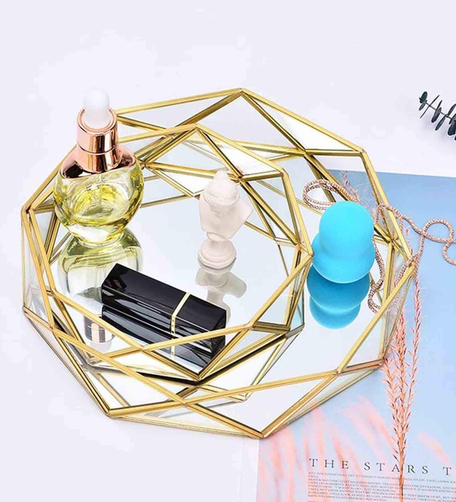 Nordic Geometric Shaped Golden Metal & Glass Vanity Tray Make Up Organiser