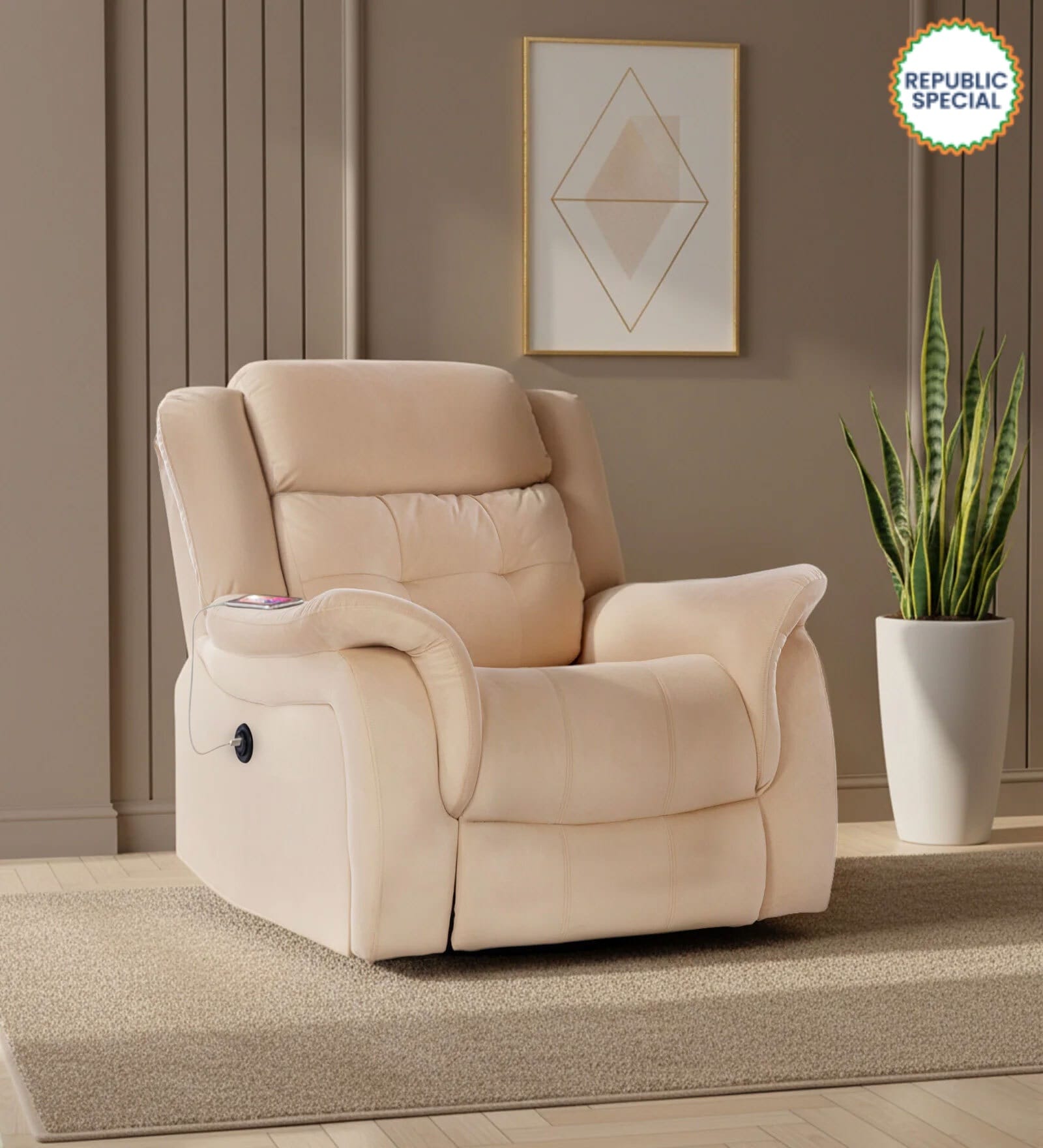 Norton RRR Velvet 1 Seater Motorised Recliner in Beige Colour With Rocker & Swivel