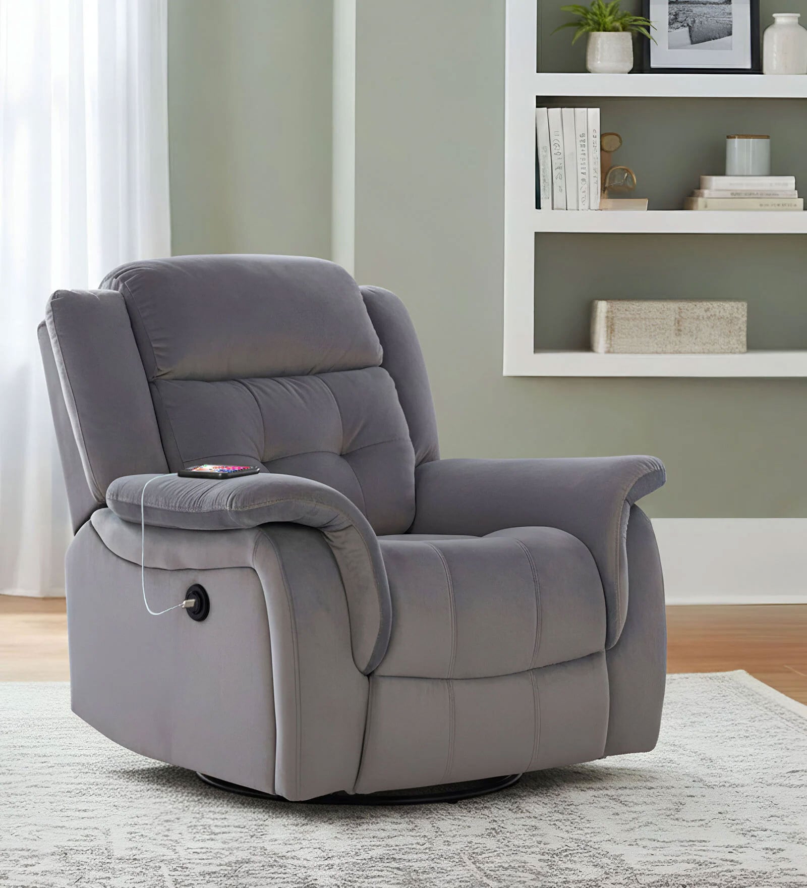 Norton RRR Velvet 1 Seater Motorised Recliner in Grey Colour With Rocker & Swivel