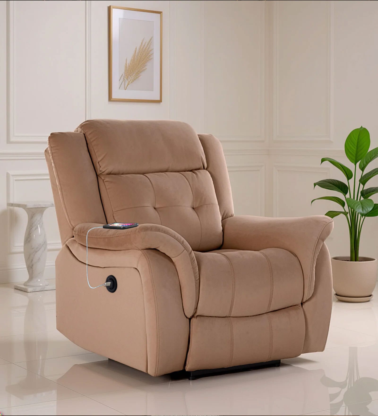 Norton Velvet 1 Seater Motorised Recliner in Brown Colour With Charging Port