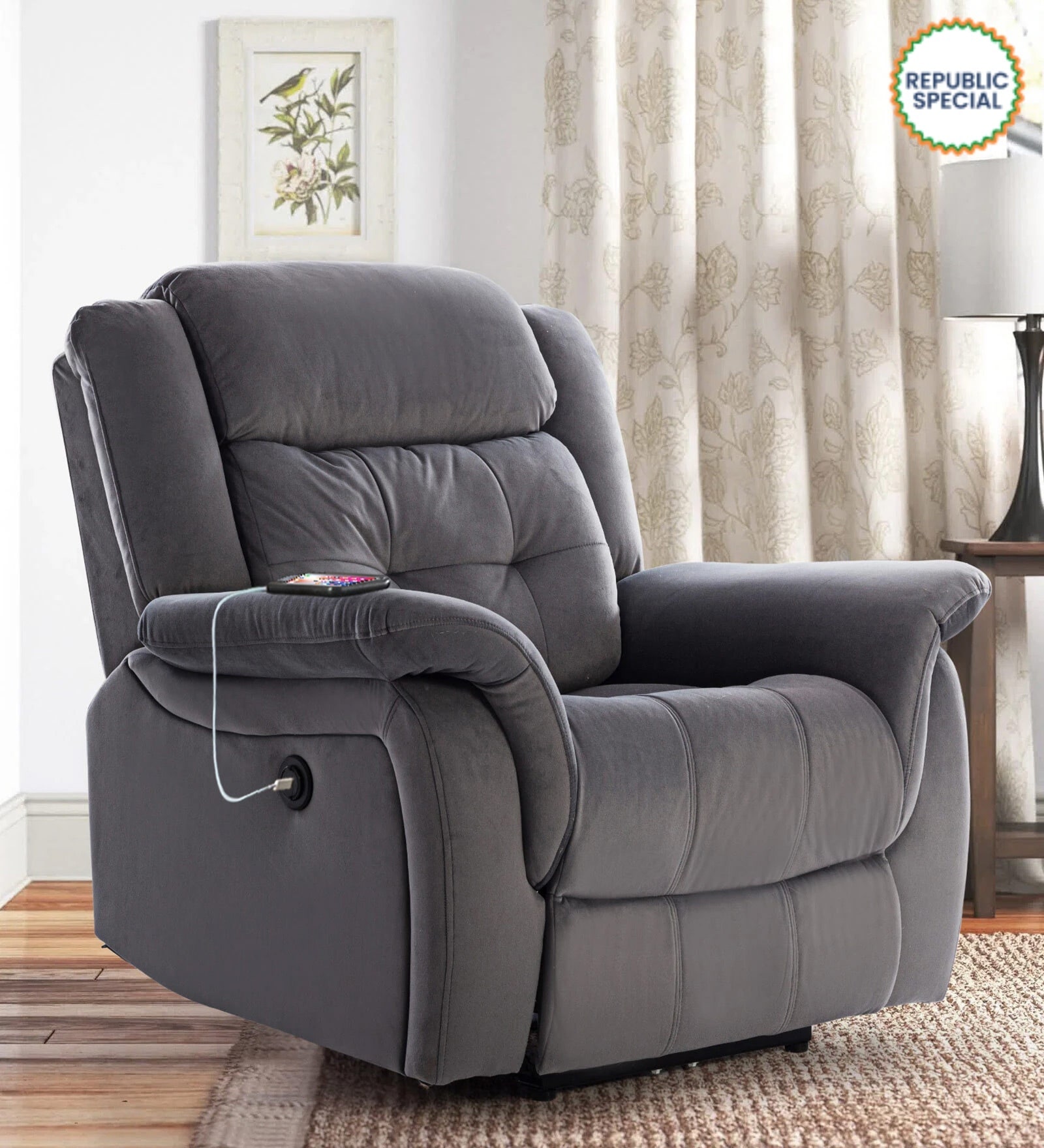 Norton Velvet 1 Seater Motorised Recliner in Grey Colour With Charging Port