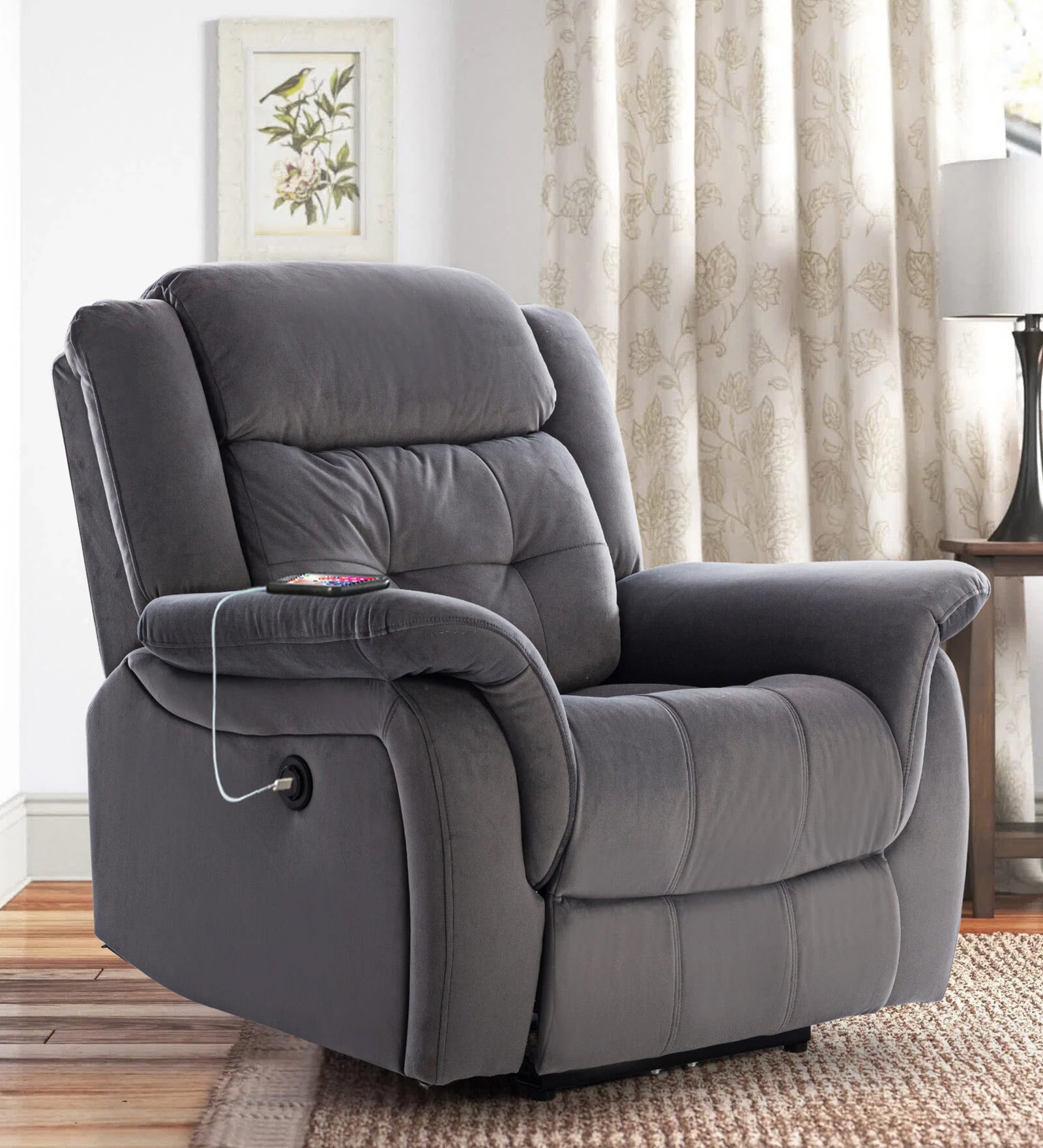 Norton Velvet 1 Seater Motorised Recliner in Grey Colour With Charging Port Norton Velvet 1 Seater Motorised Recliner in Grey Colour With Charging Port