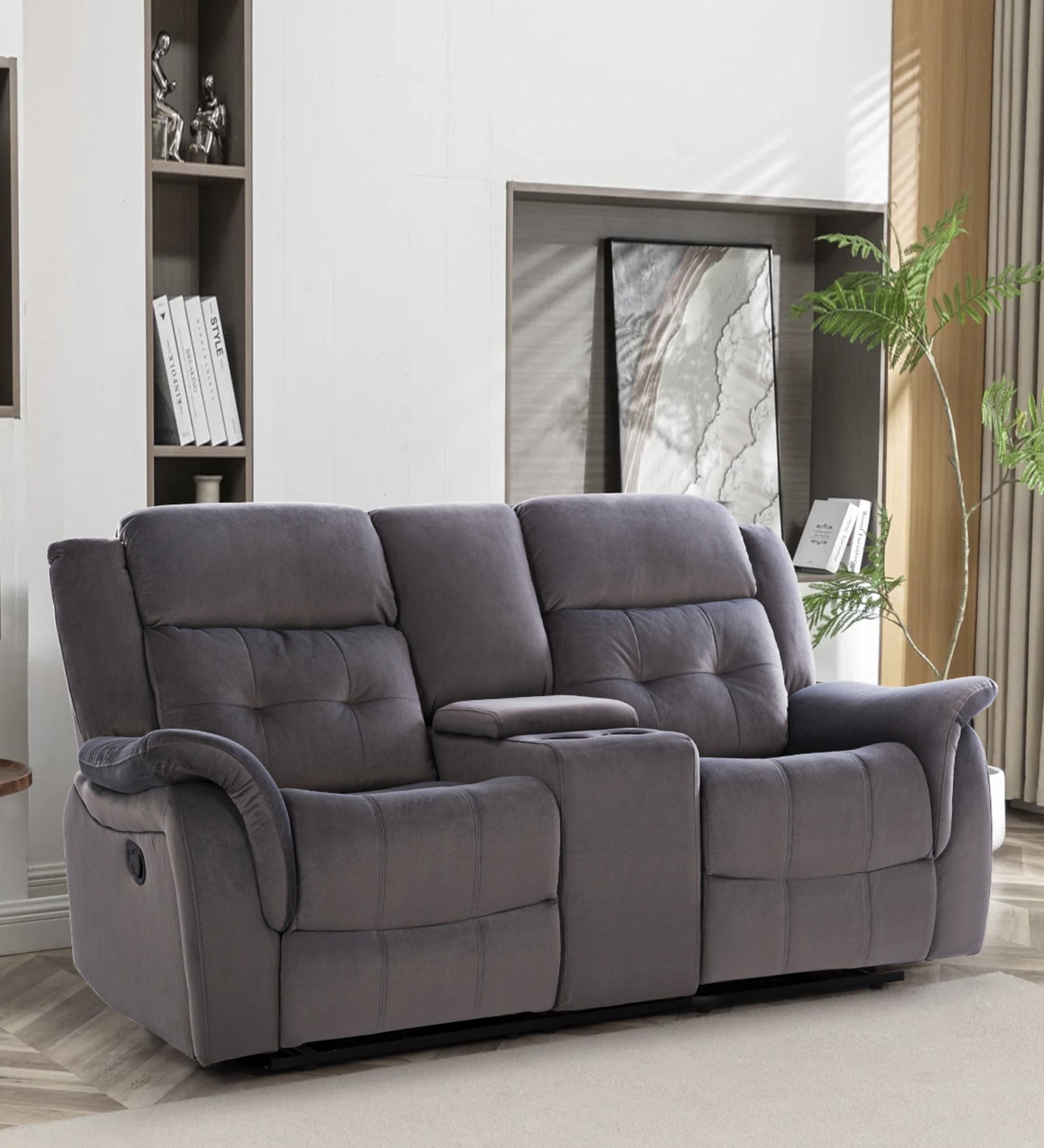 Norton Velvet 2 Seater Manual Recliner with Basic Console in Grey Colour Norton Velvet 2 Seater Manual Recliner with Basic Console in Grey Colour