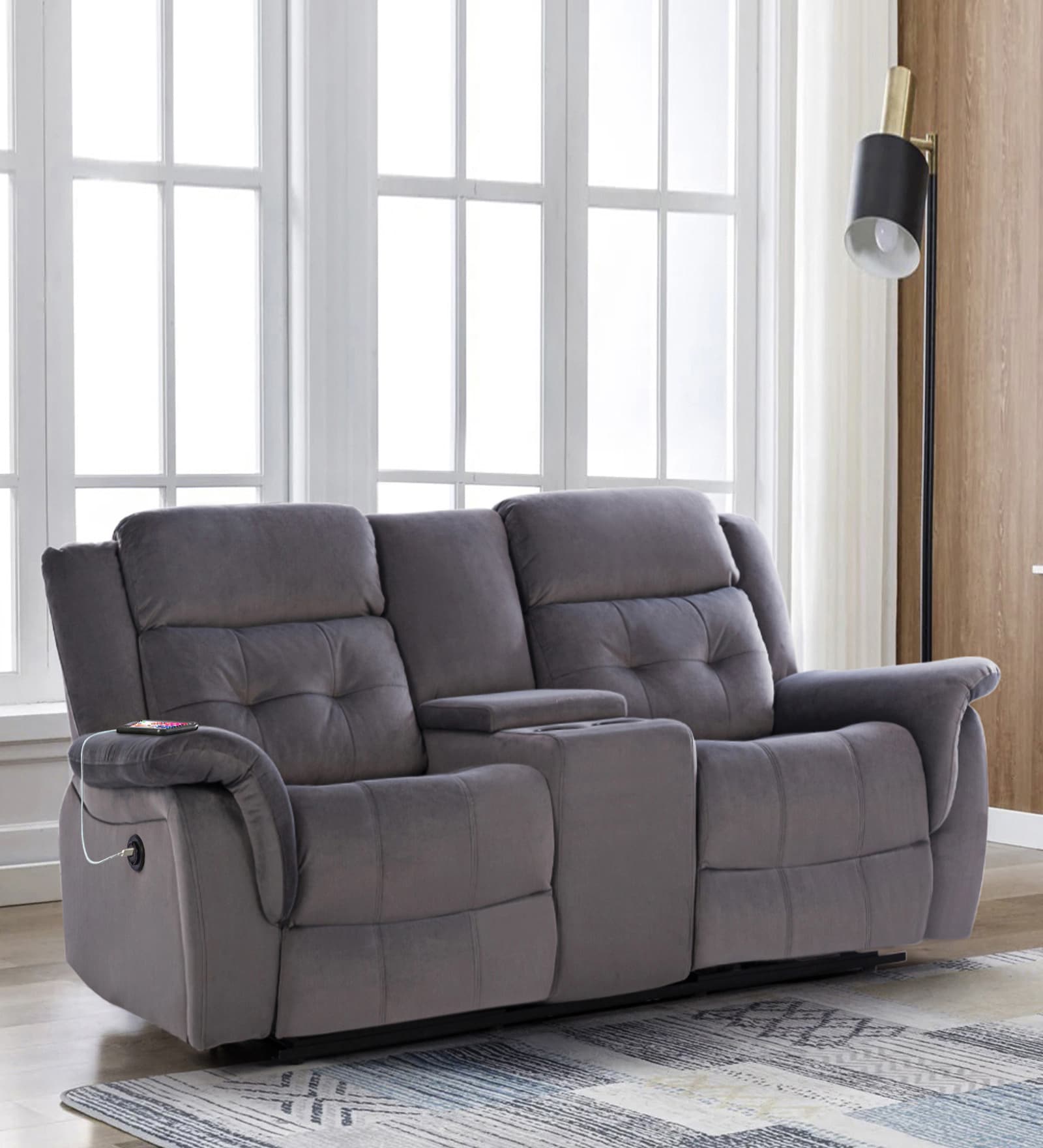 Norton Velvet 2 Seater Motorised Recliner with Basic Console in Grey Colour Norton Velvet 2 Seater Motorised Recliner with Basic Console in Grey Colour