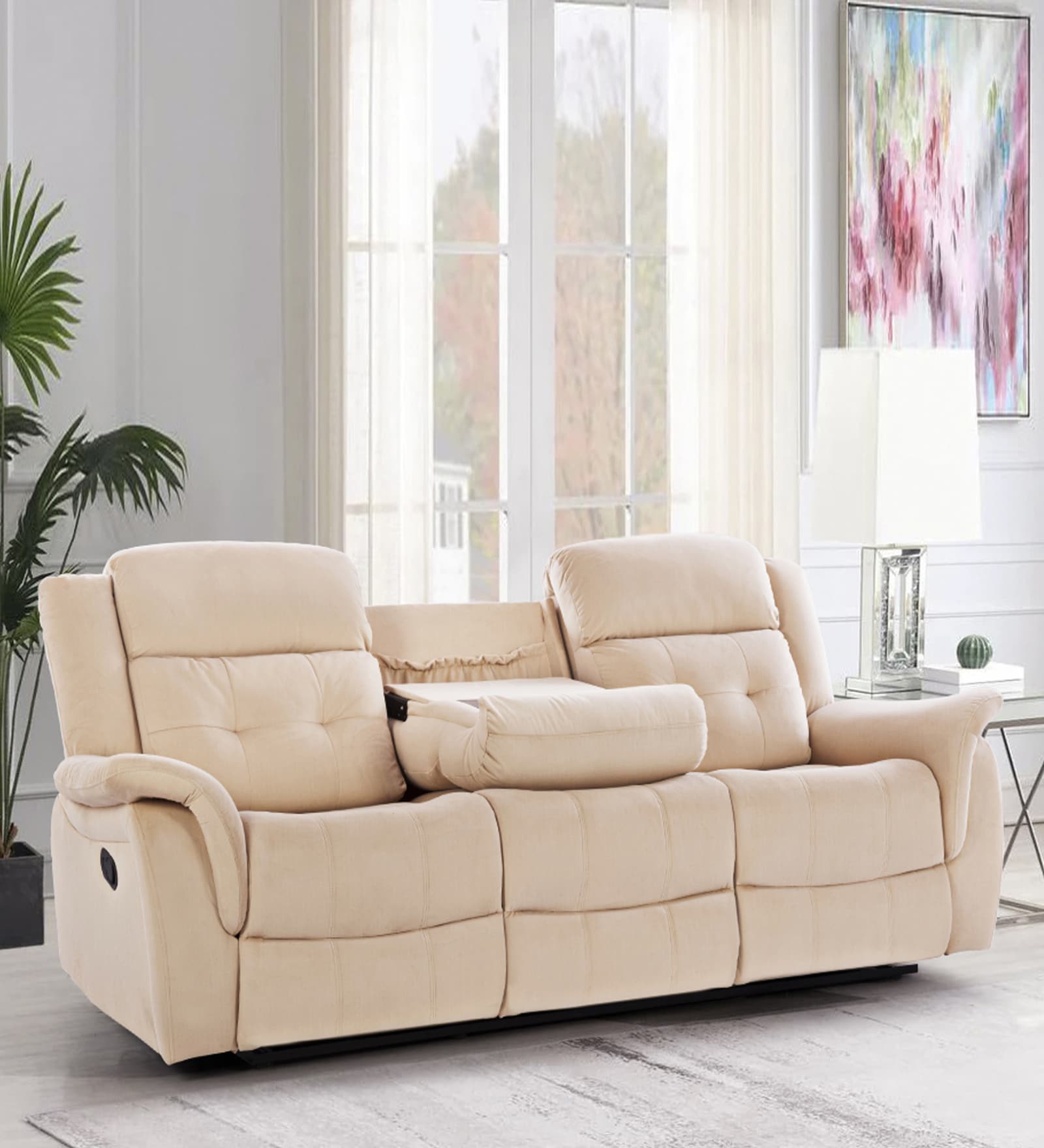 Norton Velvet 3 Seater Manual Recliner with console in Beige Colour