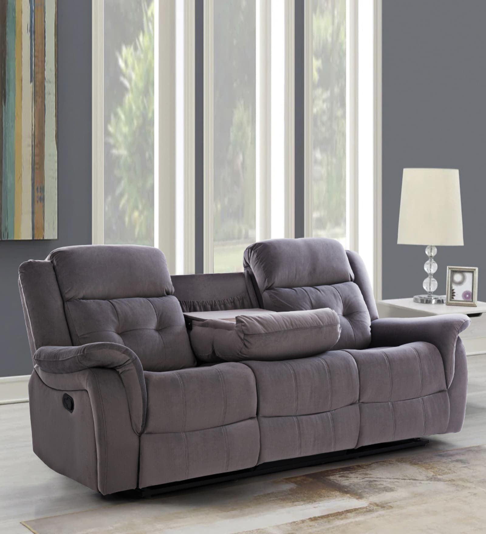 Norton Velvet 3 Seater Manual Recliner with console in Grey Colour