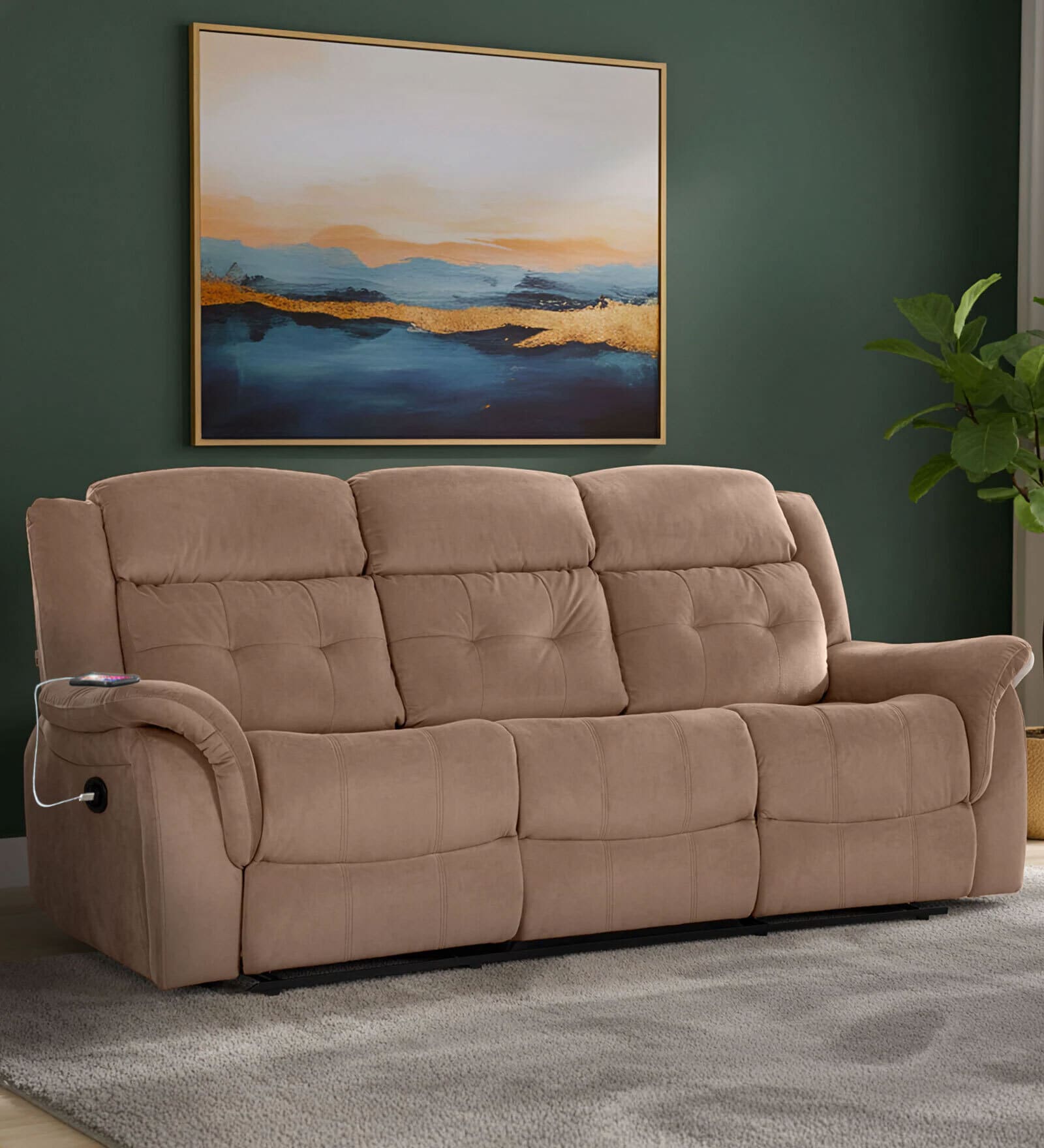 Norton Velvet 3 Seater Motorised Recliner In Brown Colour With Charging Port