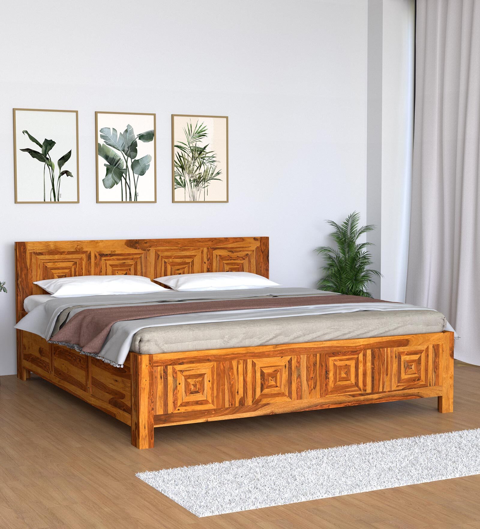 Nostalgic Sheesham Wood Queen Size Bed In Light Honey Finish with Hydraulic Storage
