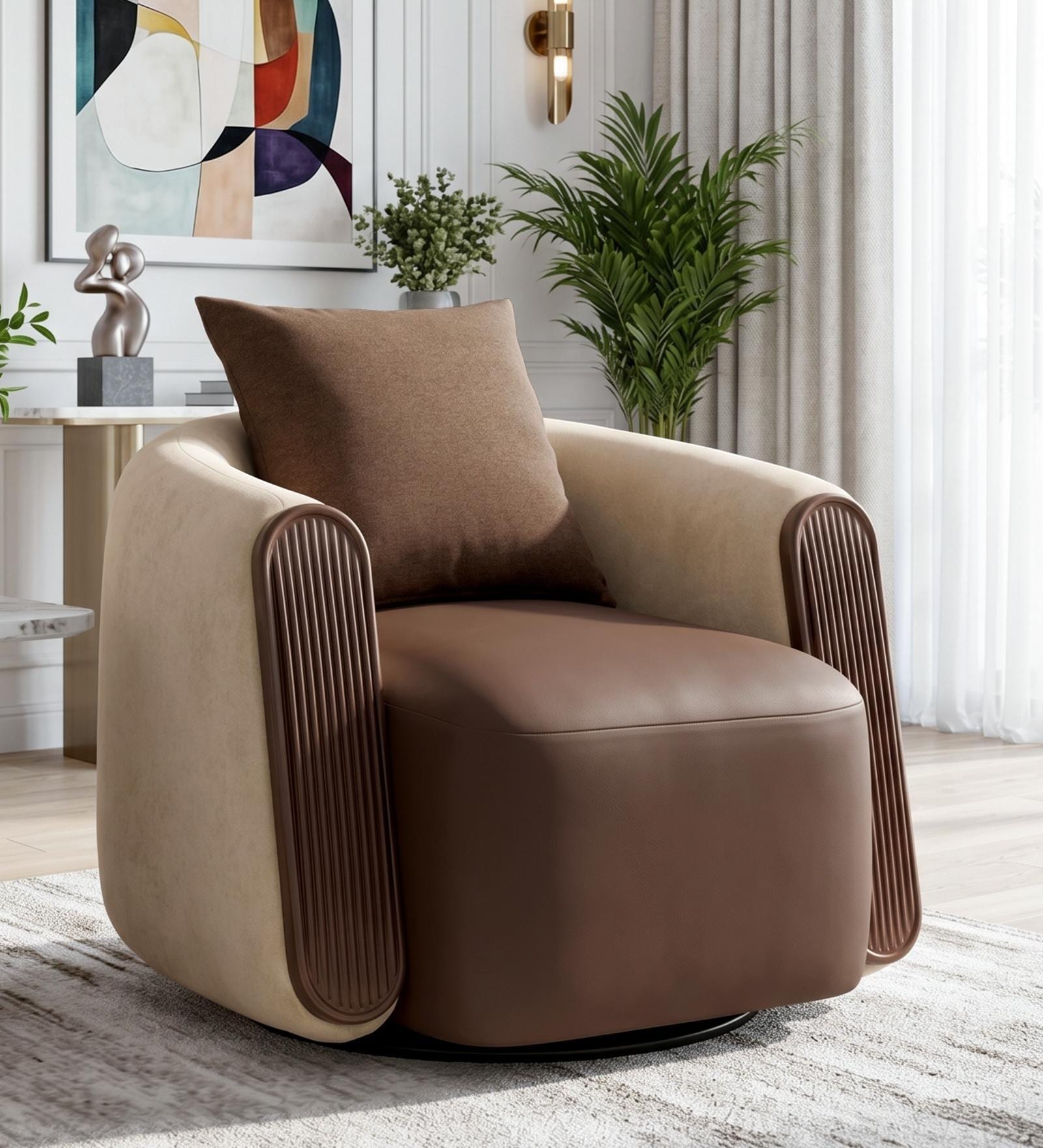 Notte Fabric Lounge Chair with Swivel in Mocha & Beige Colour Notte Fabric Lounge Chair with Swivel in Mocha & Beige Colour
