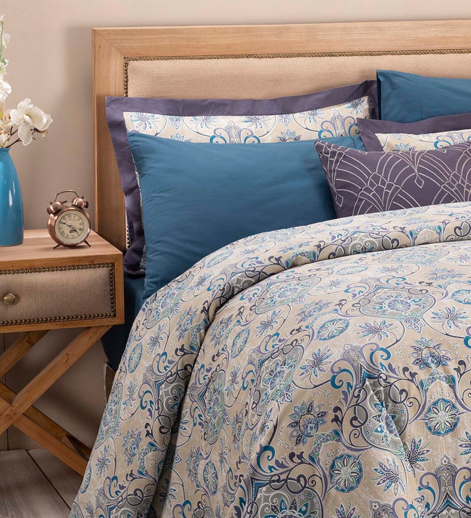 Buy Blue Traditional 300 TC Cotton (Set of 8) Double Bed Bedding Sets