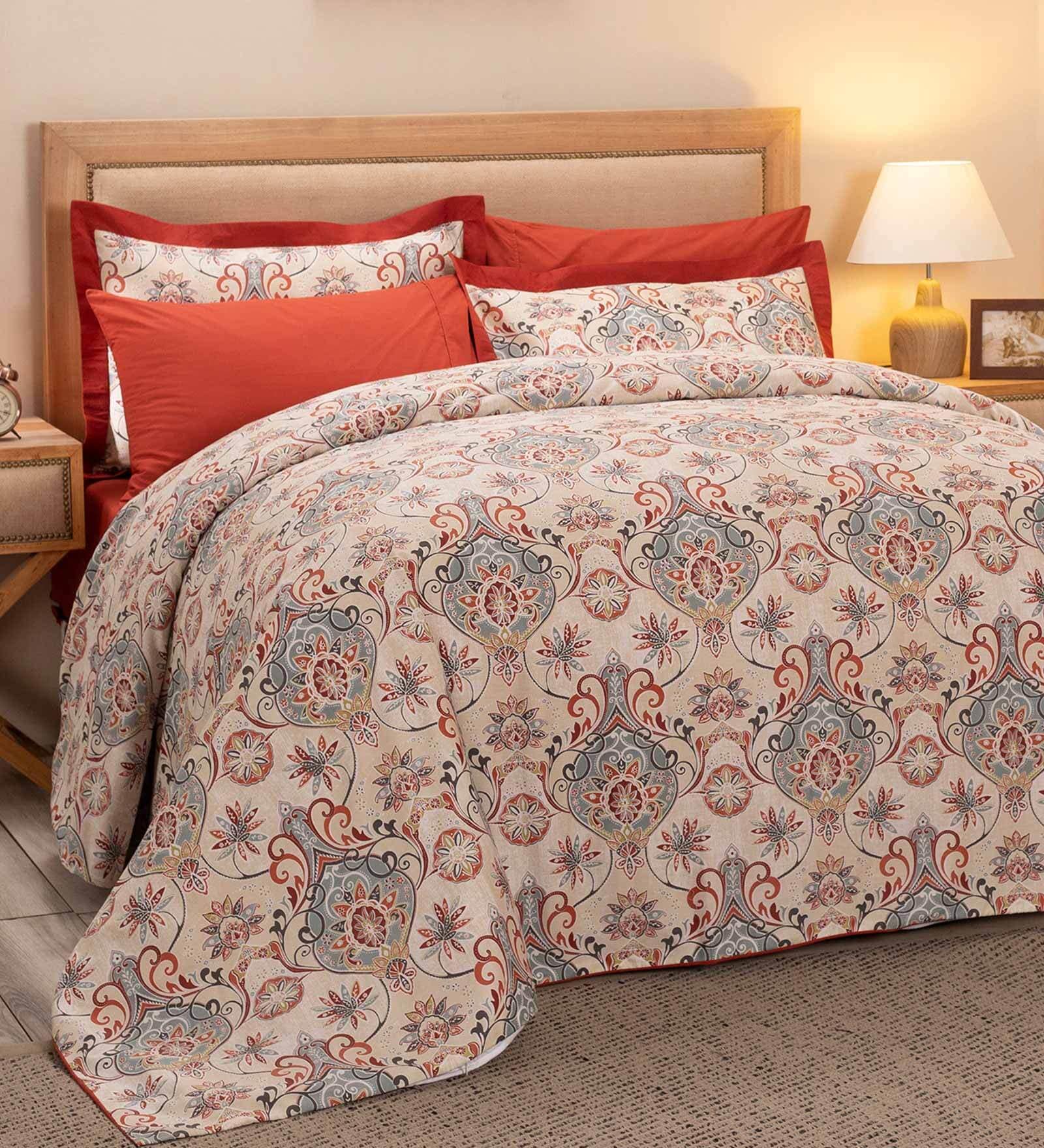 Red Traditional Cotton Double Bed Duvet Cover With 2 Pillow Covers