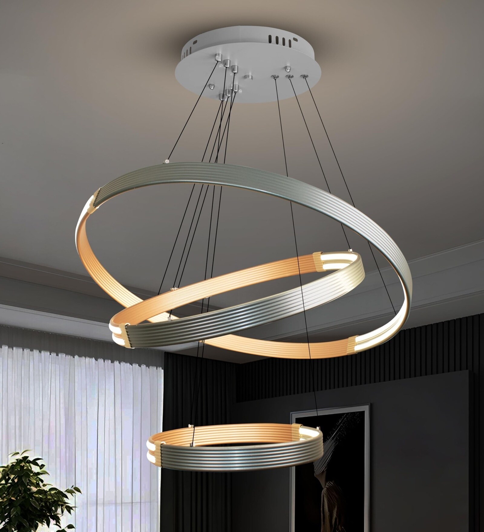 Nova 120W 80cm 3 Interlocking Ring Gold and Grey Shades Chandelier, Height Adjustable Ceiling Light, Google Alexa Voice Control, Modern Luxury Lighting for Living Room Bedroom Hall