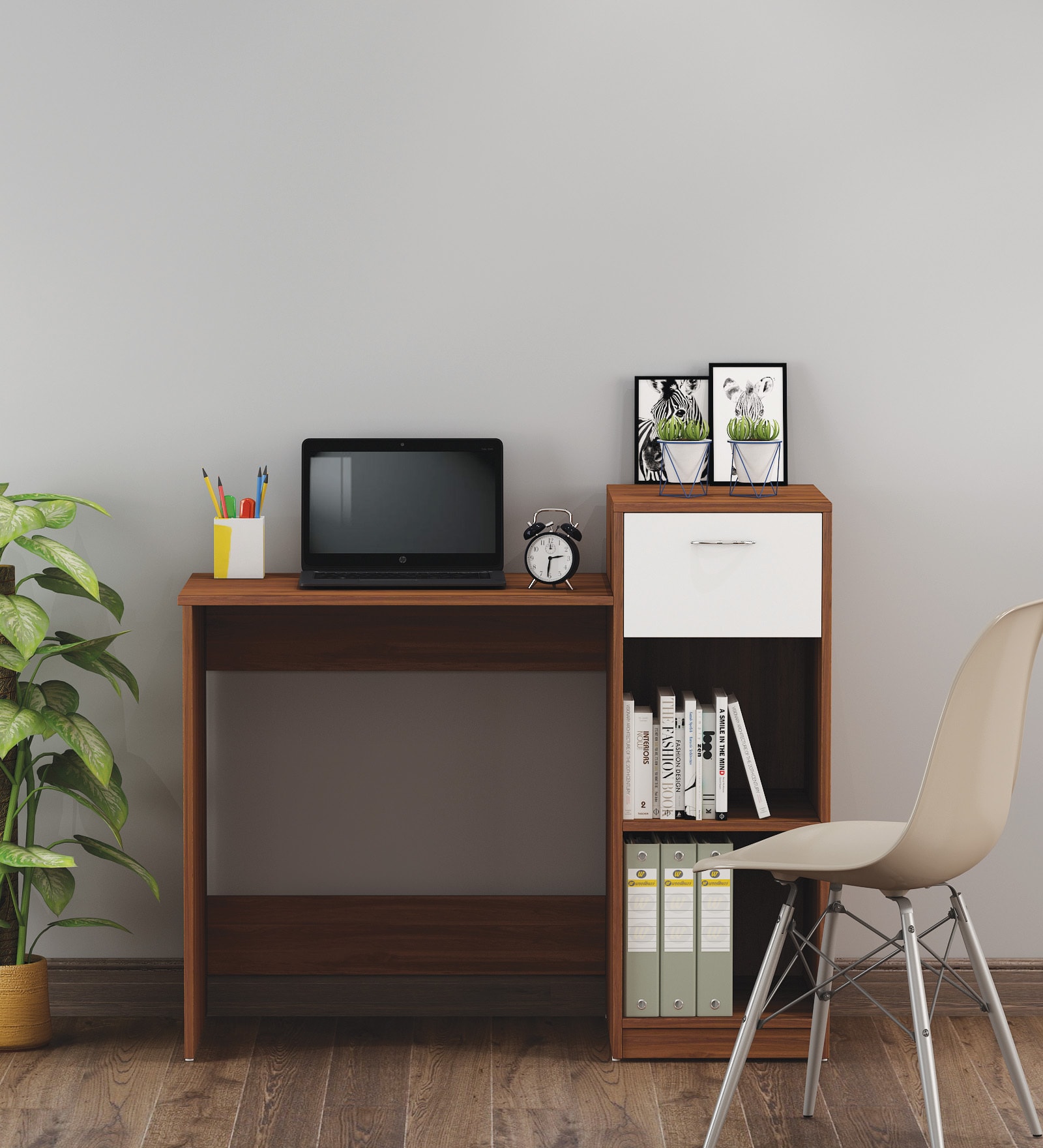 Nova Writing Table In Walnut and Frosty White Finish