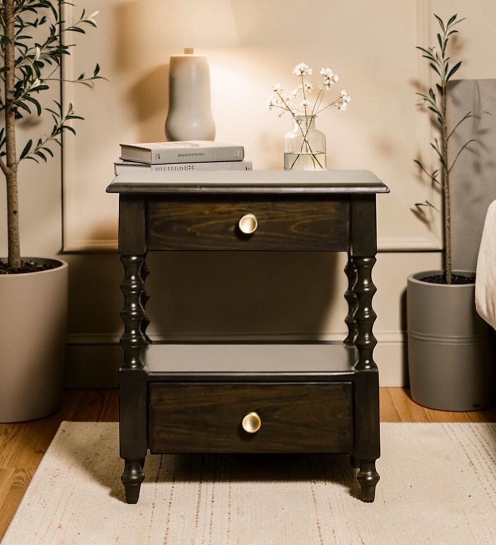 Novan Solid Wood Bedside Table In Black Finish