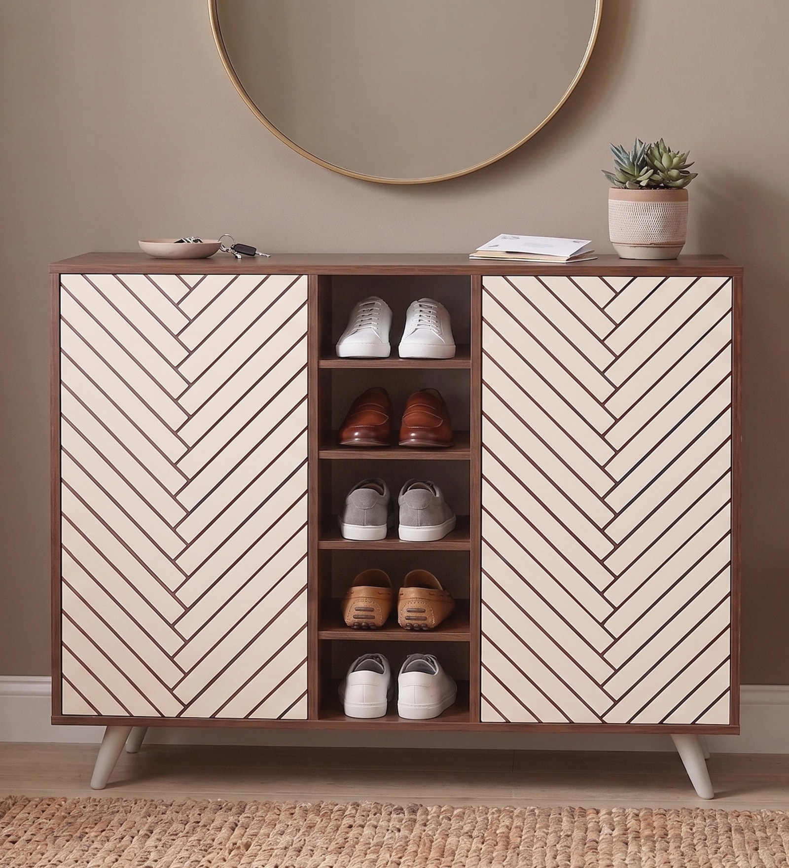 Novax Door Shoe Cabinet In Brown Maple & White Color