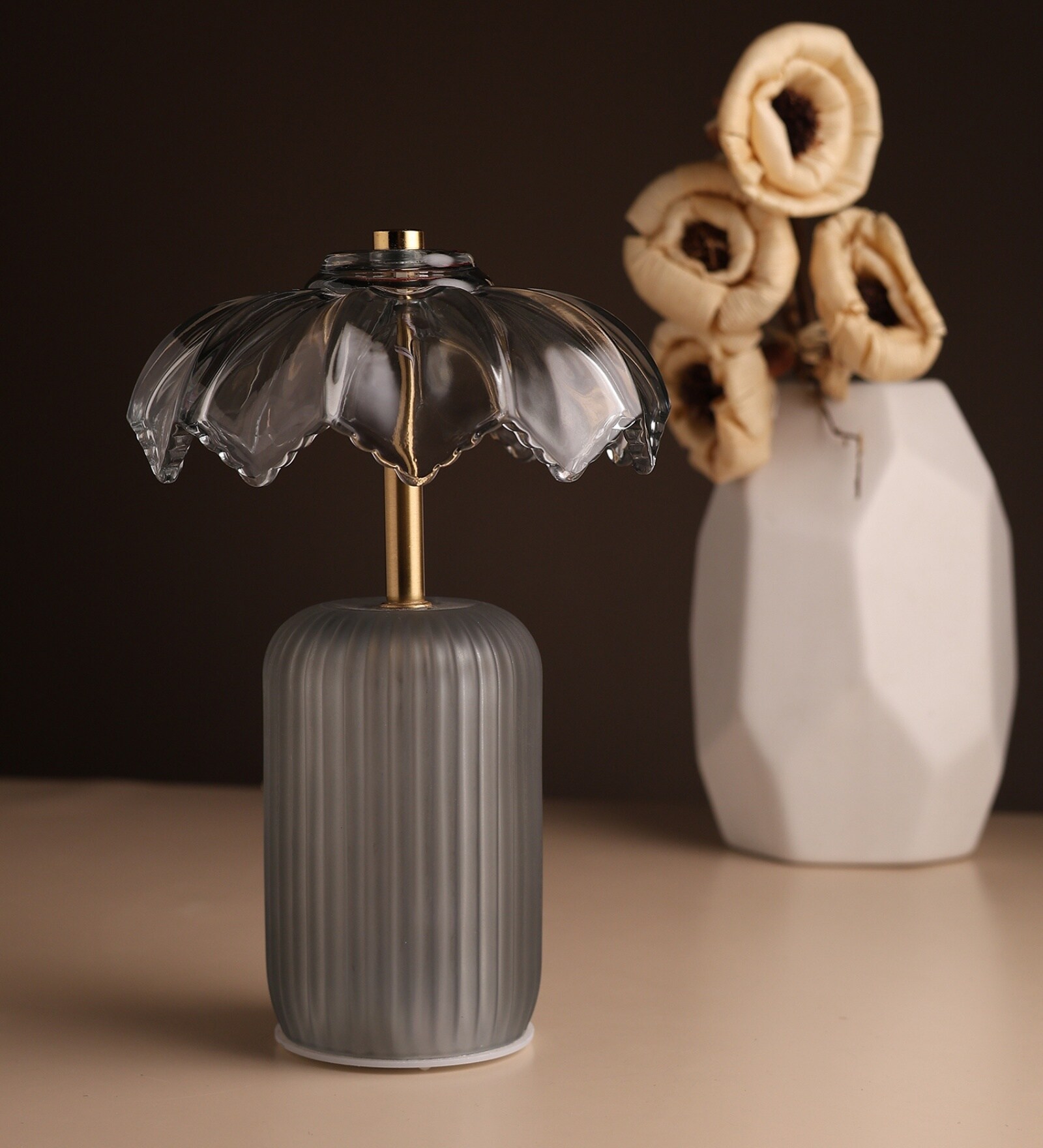 Crystelle Lotus Petal Glass Table Lamp Grey