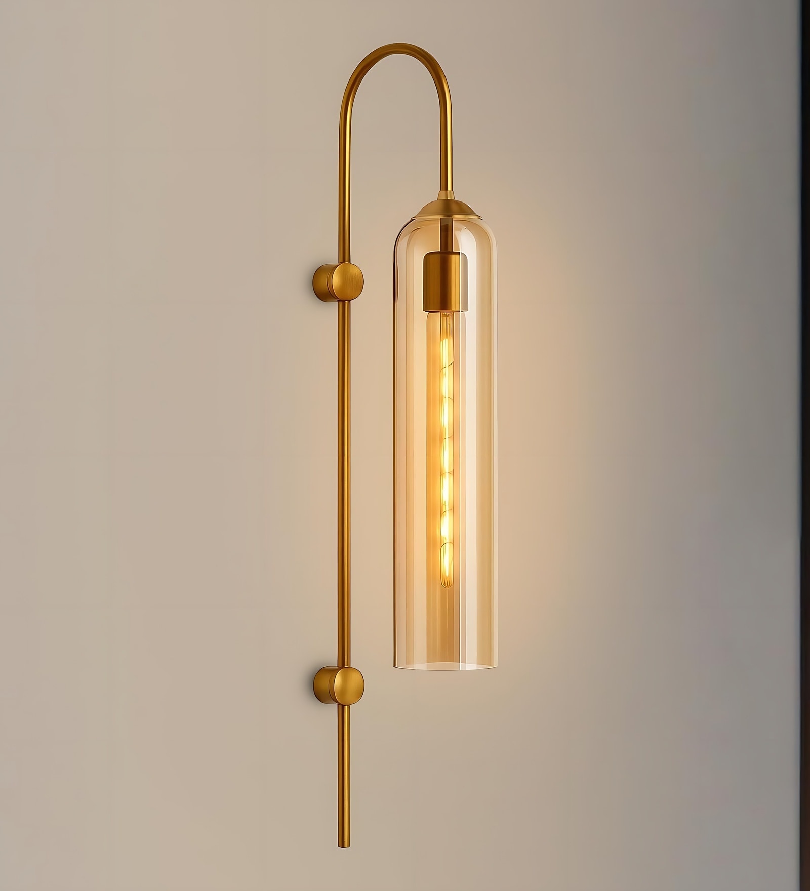 Novira Modern Wall Sconce with T300 Bulb Included | Elegant Gold Finish & Amber Cylindrical Glass Shade | Luxury Wall Lamp for Bedroom, Living Room, Hallway & Hotel Decor | 1Year Warranty