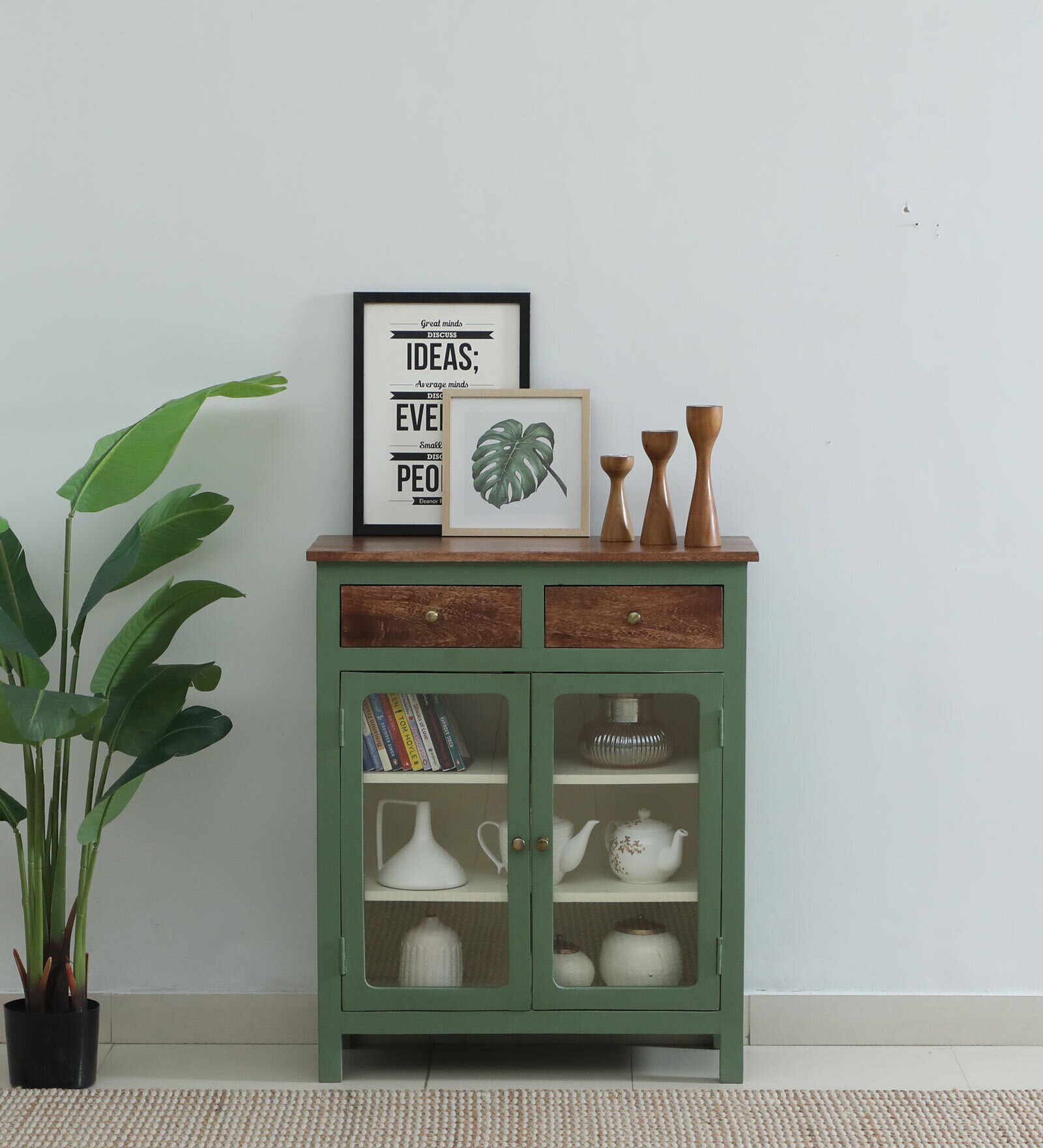 Noyes Mango Wood Cabinet In Green Colour With Drawers