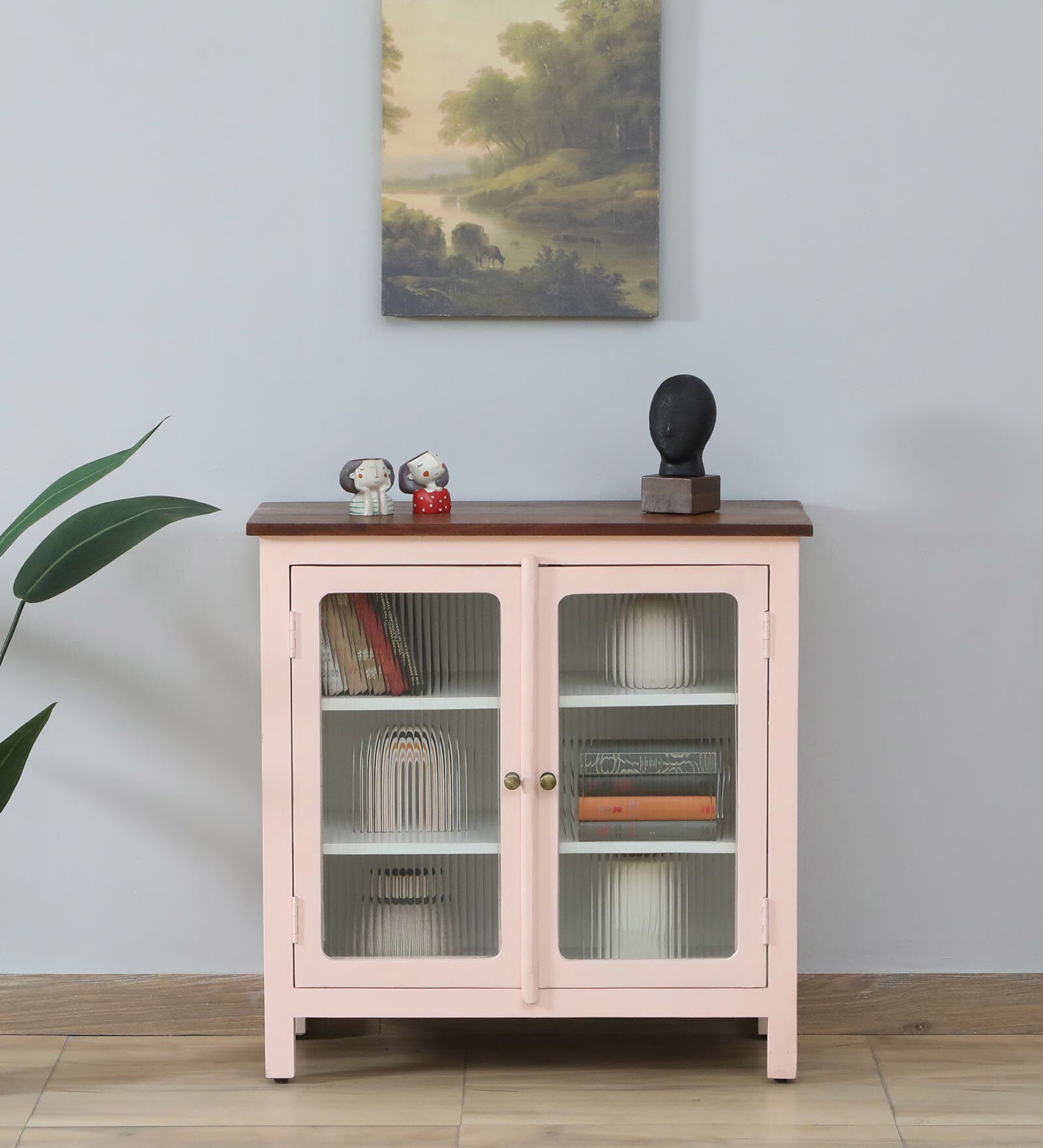 Noyes Mango Wood Crockery Unit In Pink Colour With Lining Glass