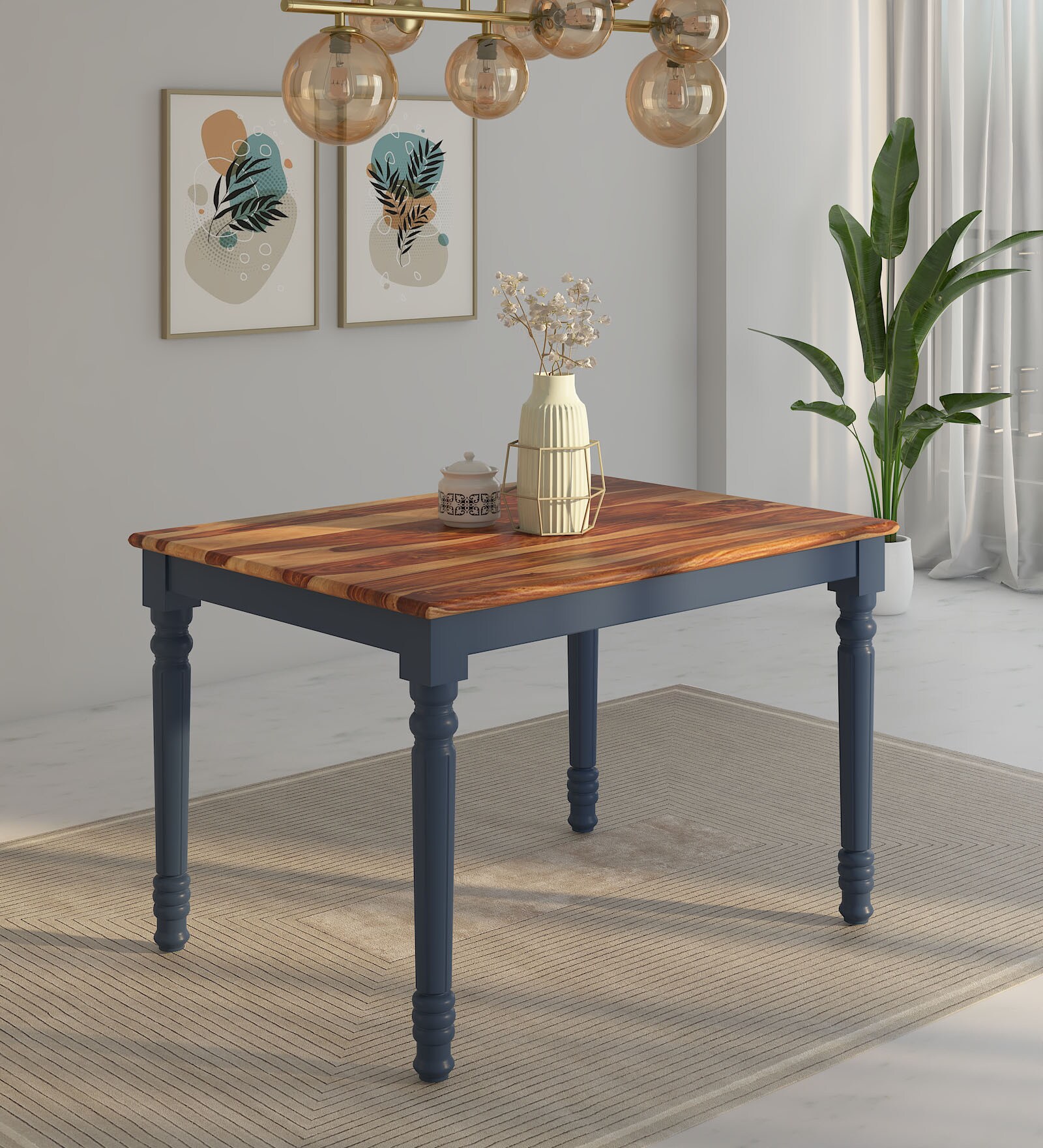 Noyes Sheesham Wood 4 Seater Dining Table In Blue & Natural Finish