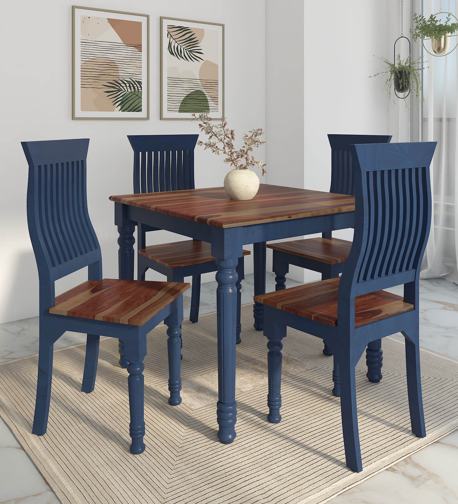 Noyes Sheesham Wood 4 Seater Square Dining Set In Blue & Natural Finish