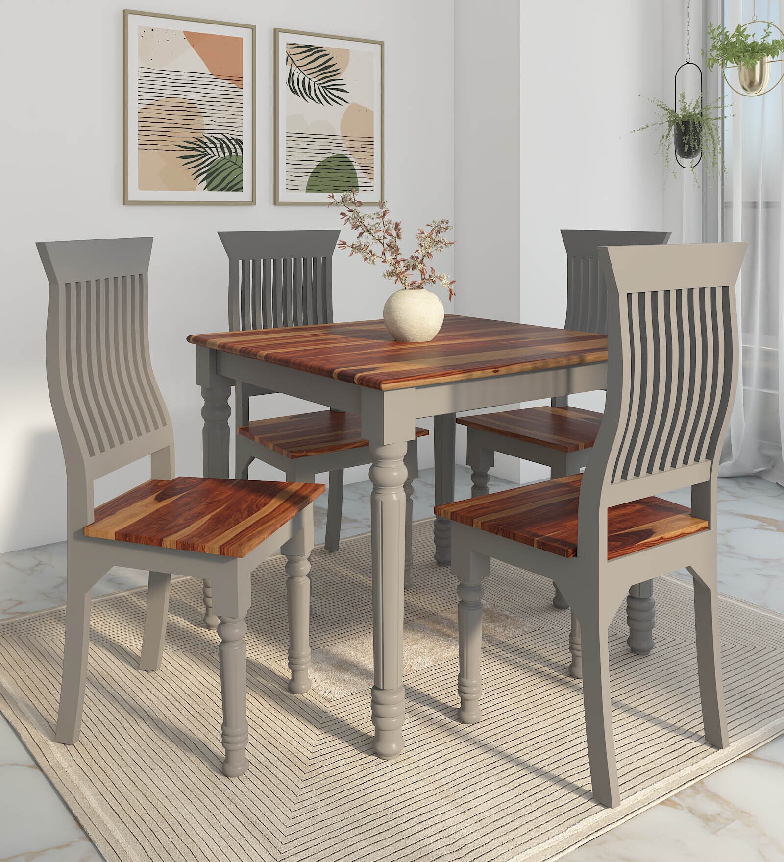 Noyes Sheesham Wood 4 Seater Square Dining Set In Grey & Natural Finish