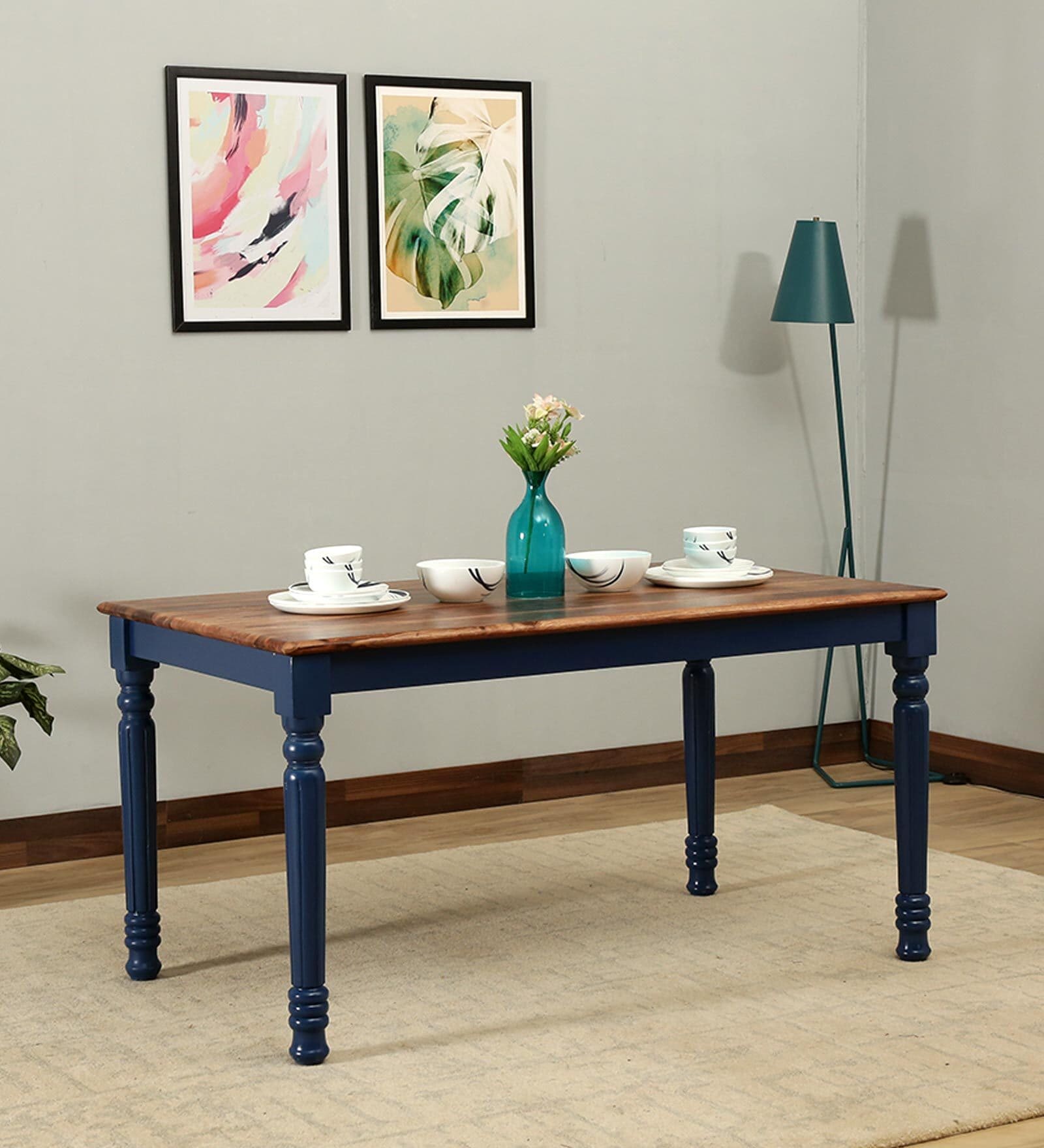Noyes Sheesham Wood 6 Seater Dining Table In Blue & Natural Finish