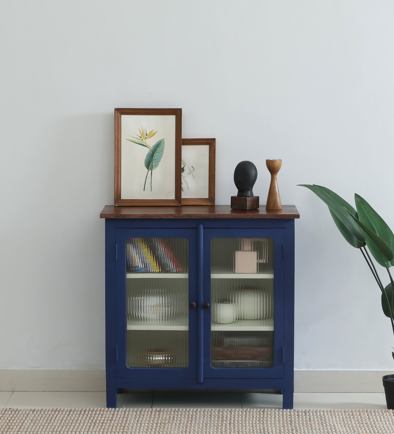 Noyes Solid Wood Crockery Unit In Blue Colour With Lining Glass