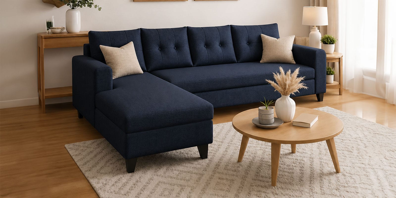 Norris Fabric LHS 6 Seater Sectional Sofa In Cool Cobalt Colour Norris Fabric LHS 6 Seater Sectional Sofa In Cool Cobalt Colour