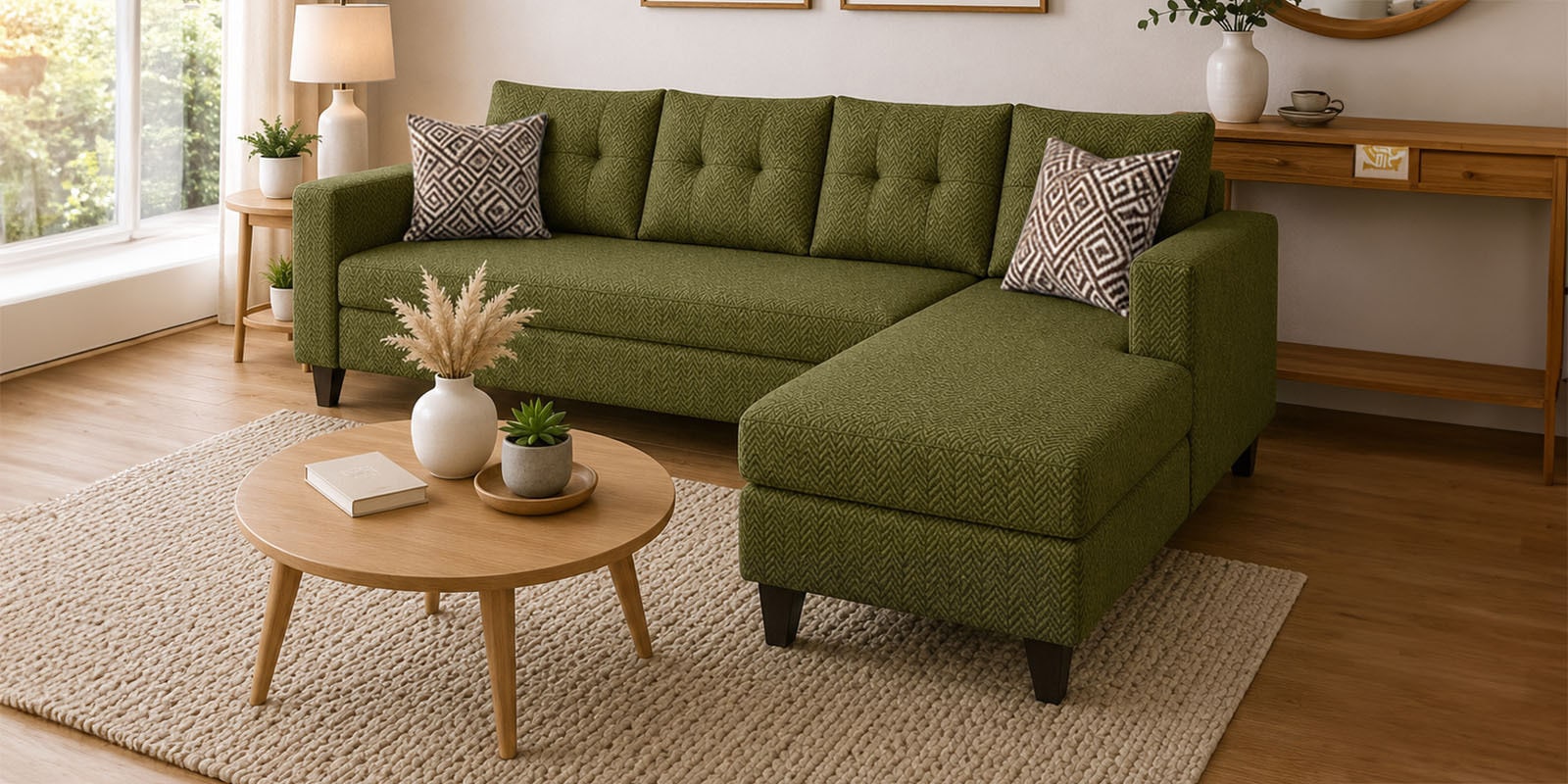 Norris Fabric LHS 6 Seater Sectional Sofa In Moss Green Colour Norris Fabric LHS 6 Seater Sectional Sofa In Moss Green Colour