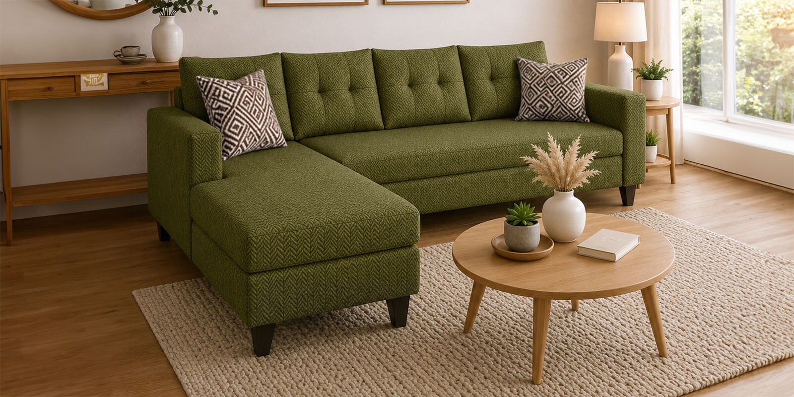 Norris Fabric LHS 6 Seater Sectional Sofa In Moss Green Colour Norris Fabric LHS 6 Seater Sectional Sofa In Moss Green Colour