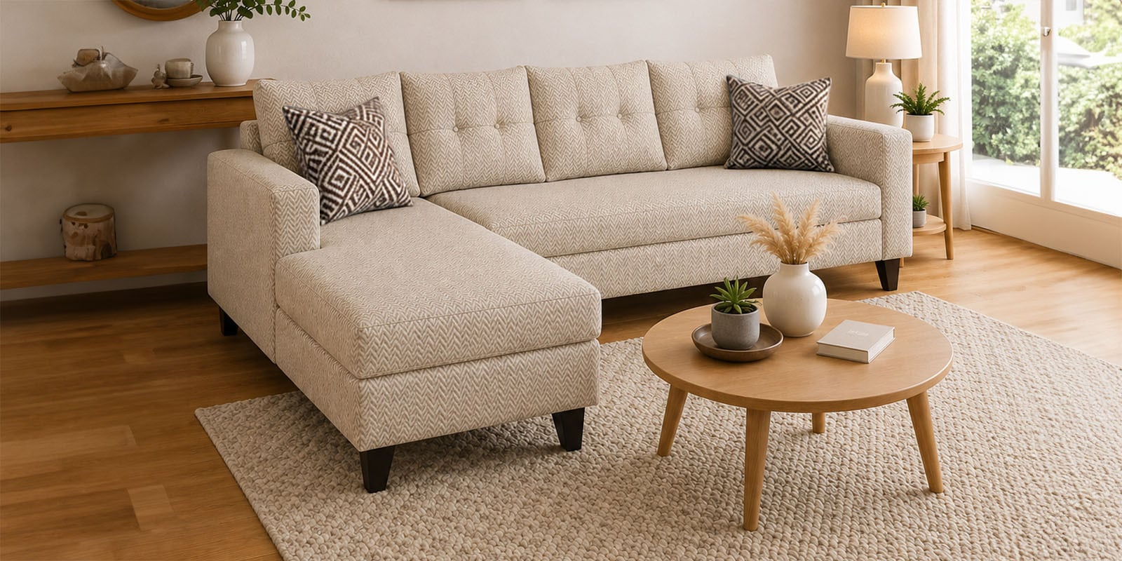 Norris Fabric LHS 6 Seater Sectional Sofa In Silk Cream Colour Norris Fabric LHS 6 Seater Sectional Sofa In Silk Cream Colour
