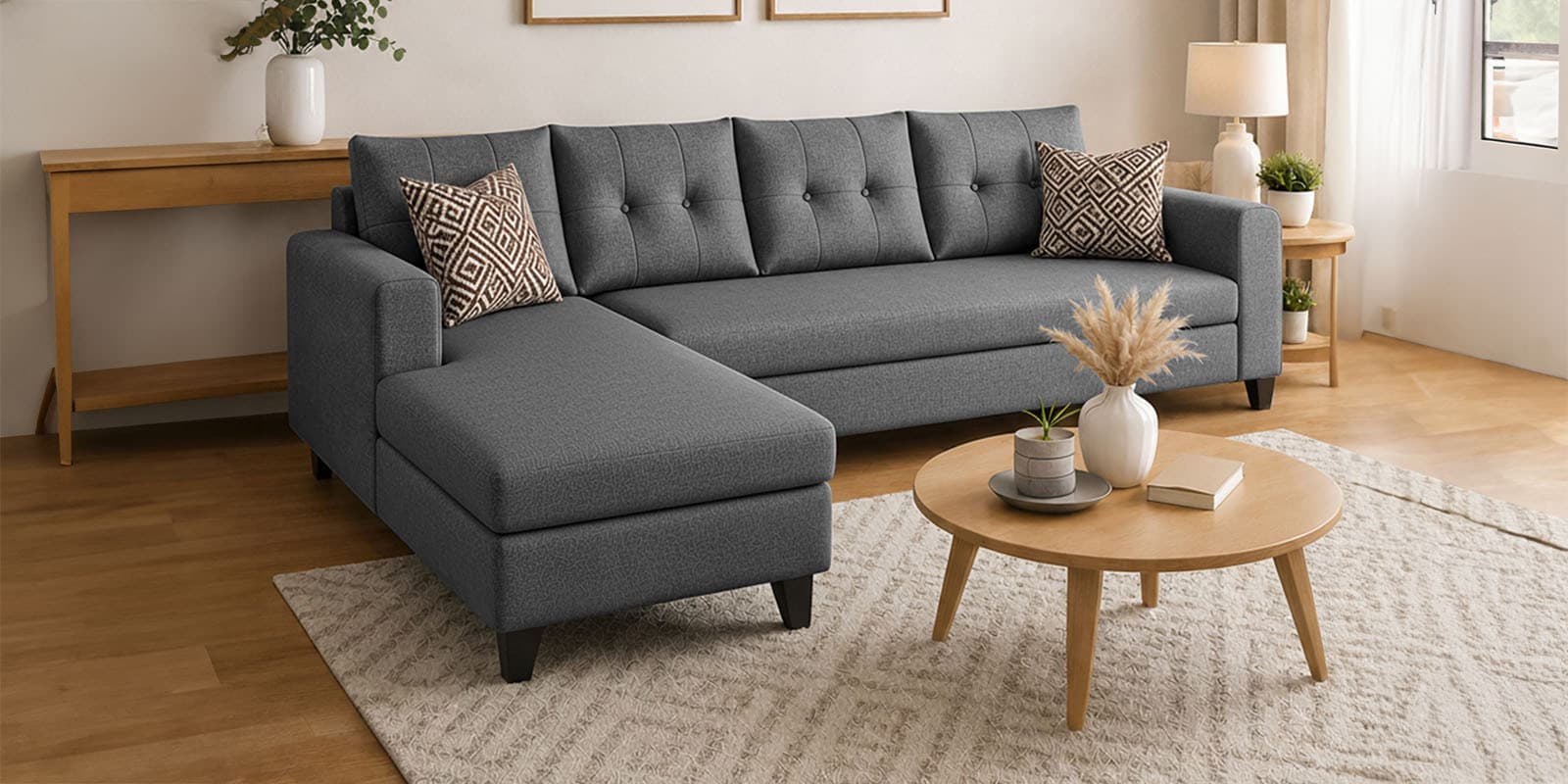 Norris Fabric LHS 6 Seater Sectional Sofa In Steel Grey Colour Norris Fabric LHS 6 Seater Sectional Sofa In Steel Grey Colour