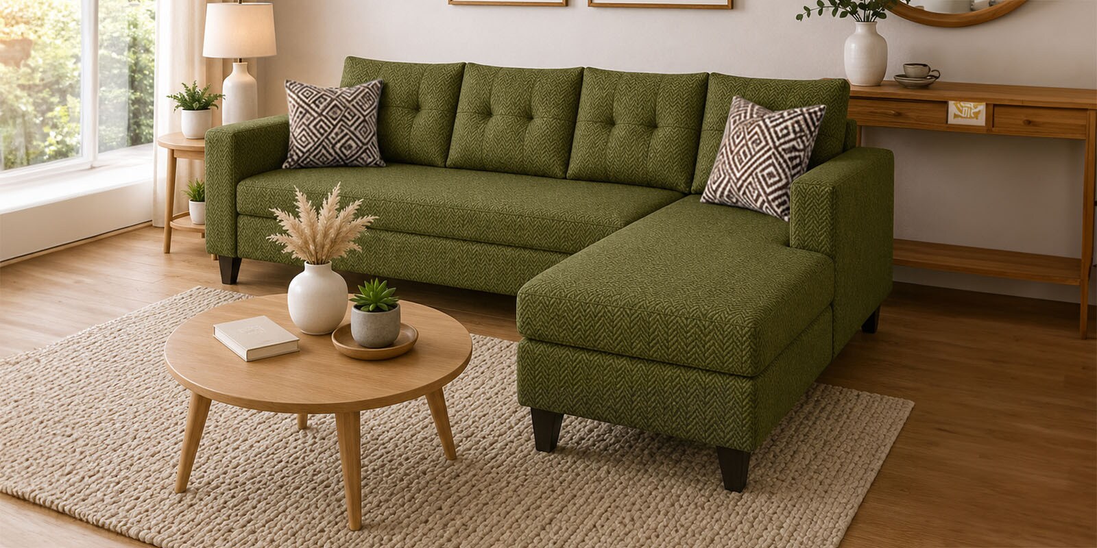 Norris Fabric RHS 6 Seater Sectional Sofa In Moss Green Colour Norris Fabric RHS 6 Seater Sectional Sofa In Moss Green Colour