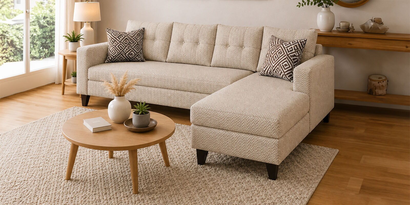 Norris Fabric RHS 6 Seater Sectional Sofa In Silk Cream Colour Norris Fabric RHS 6 Seater Sectional Sofa In Silk Cream Colour