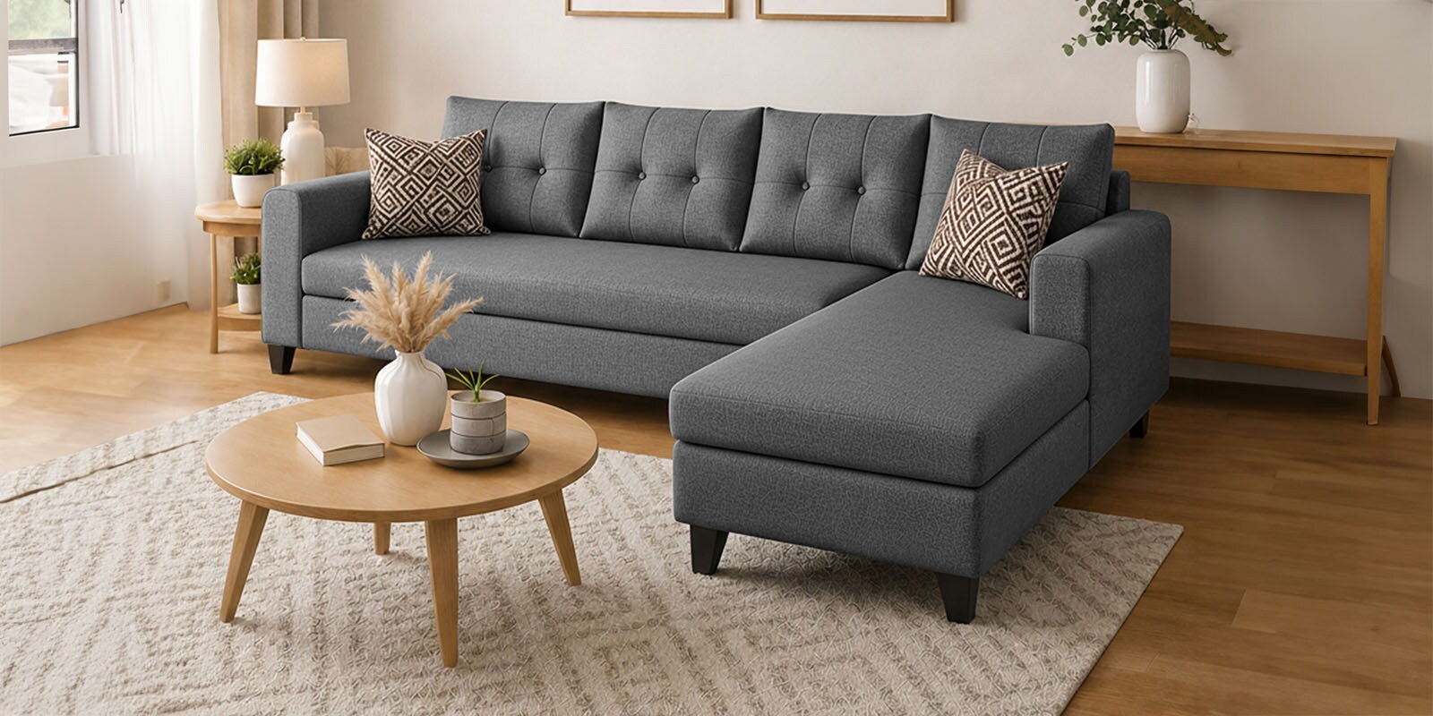 Norris Fabric RHS 6 Seater Sectional Sofa In Steel Grey Colour Norris Fabric RHS 6 Seater Sectional Sofa In Steel Grey Colour