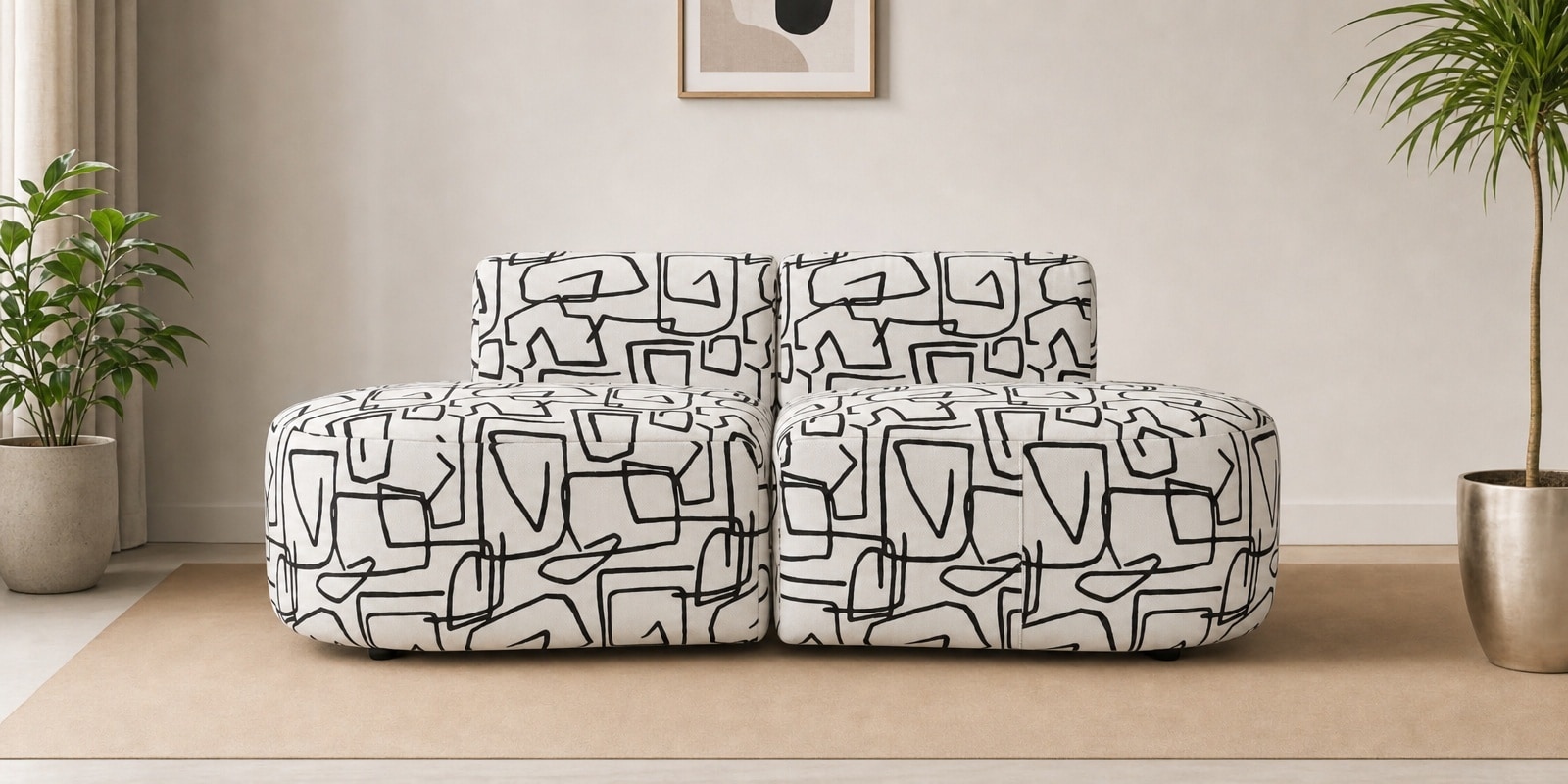 Nova Abstract Linear 3 Seater Polyester Fabric Armless Sofa In White And Black Colour Nova Abstract Linear 3 Seater Polyester Fabric Armless Sofa In White And Black Colour