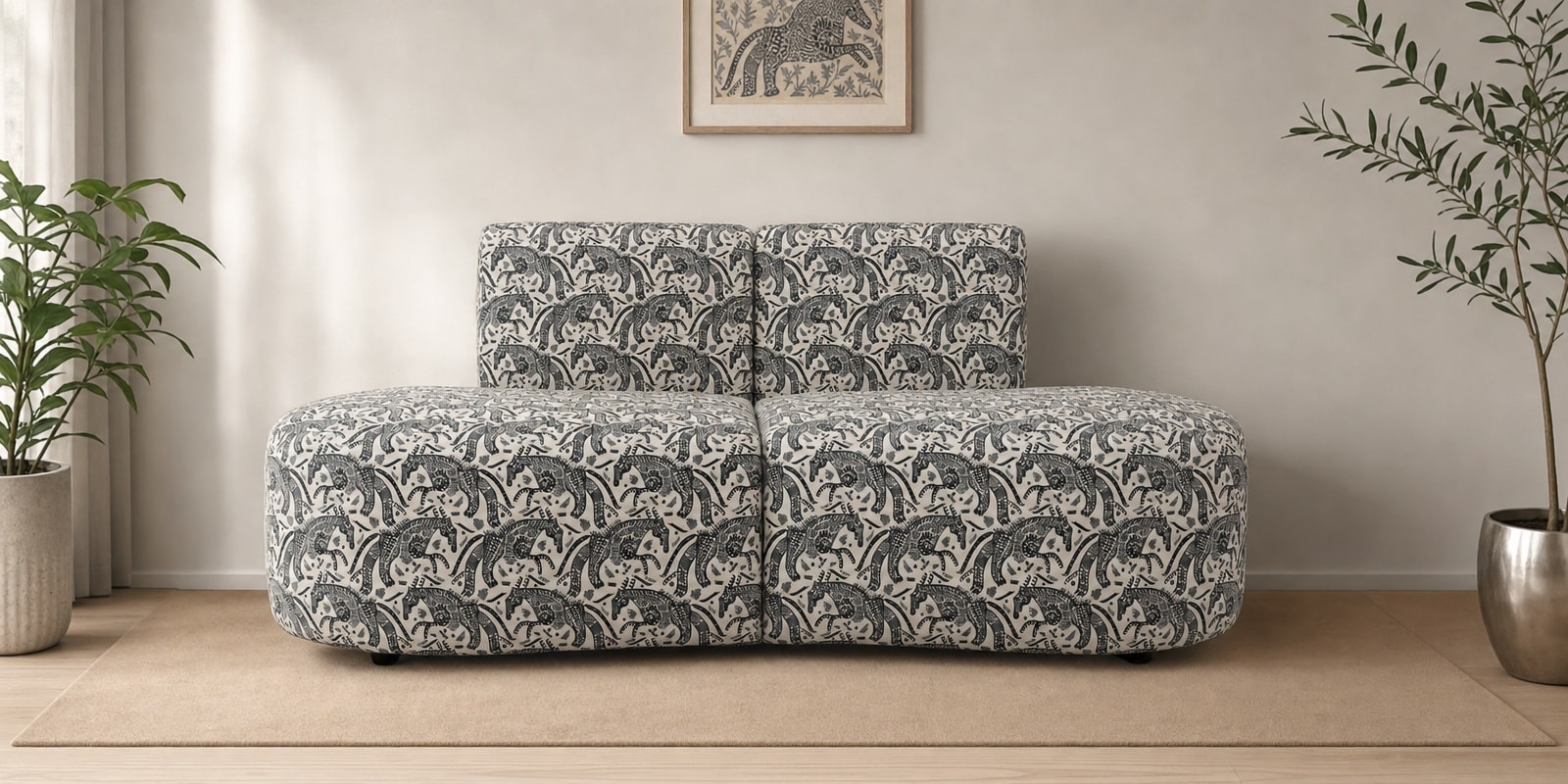 Nova Safari Sketch 3 Seater  Polyester Fabric Armless Sofa In White And Black Colour