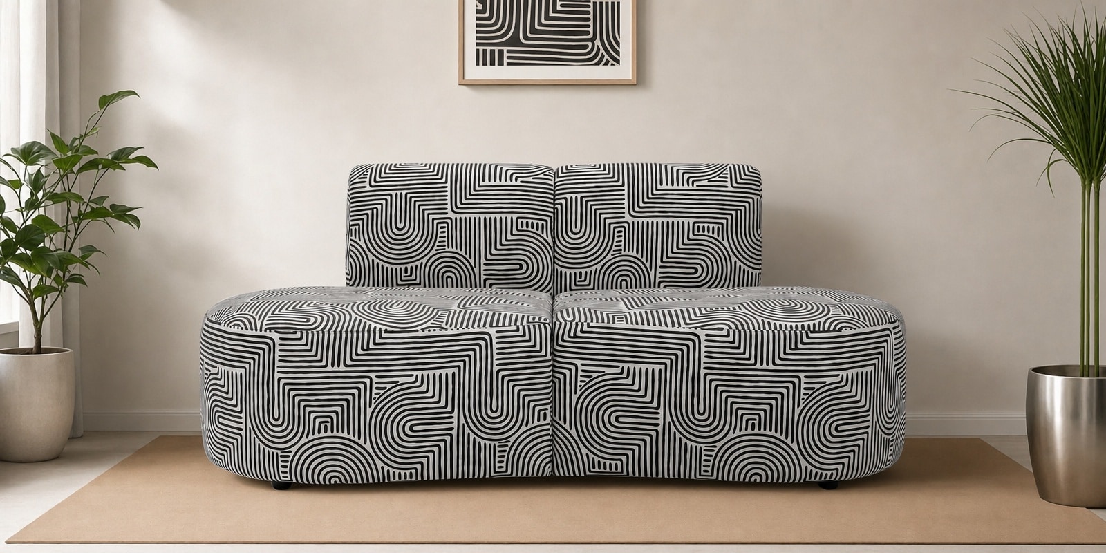 Nova Urban Maze 3 Seater  Polyester Fabric Armless Sofa In White And Black Colour