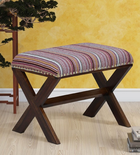 Noah Fabric Seating Stool In Provincial Teak Finish