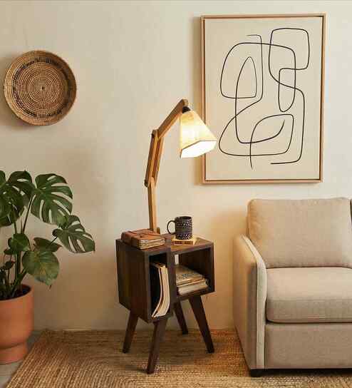 Noel Wooden Shelf Floor Lamp with Wooden Shade & Brown Base